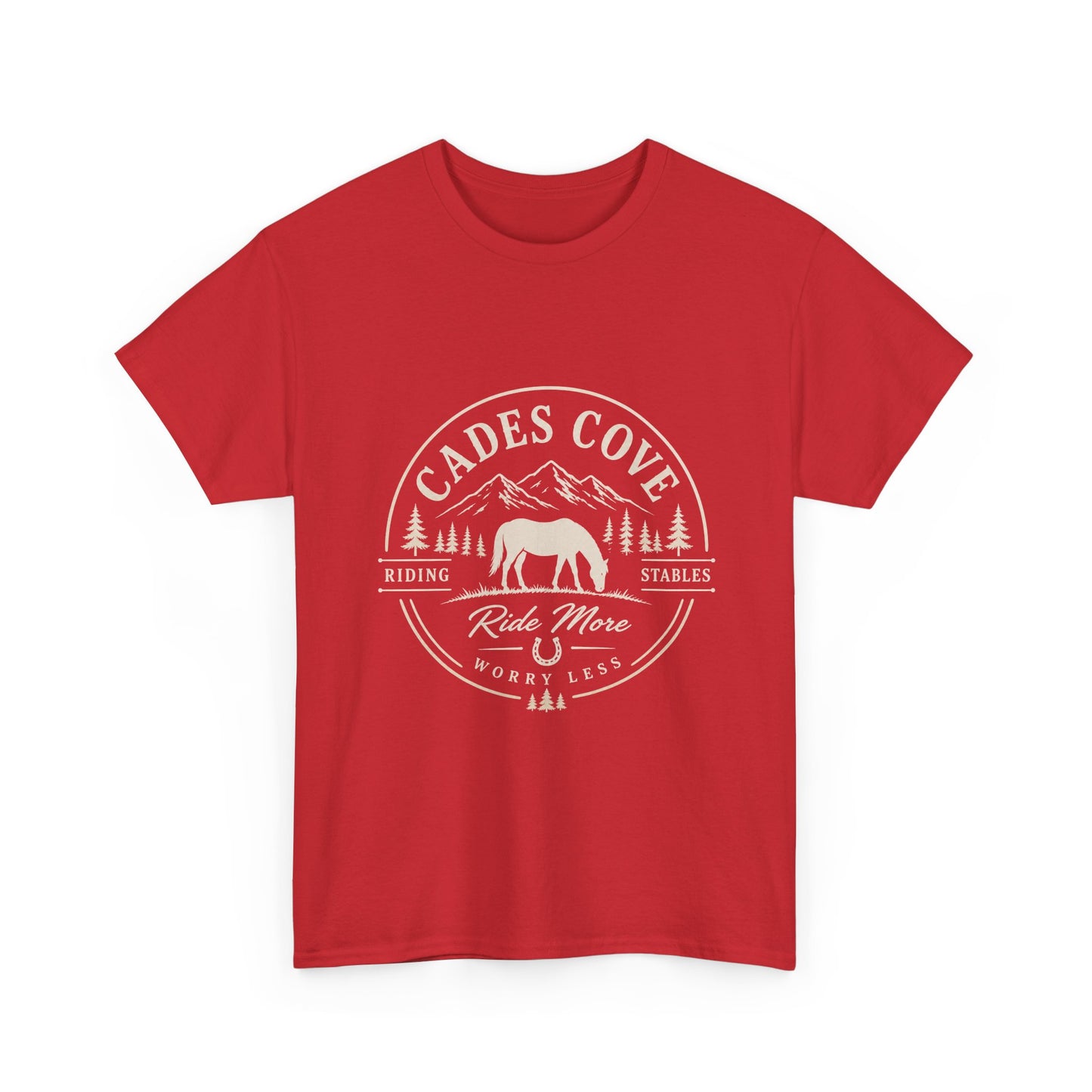 Cades Cove Riding Stables Ride More Worry Less T-Shirt – Adult Horse Mountain Tee