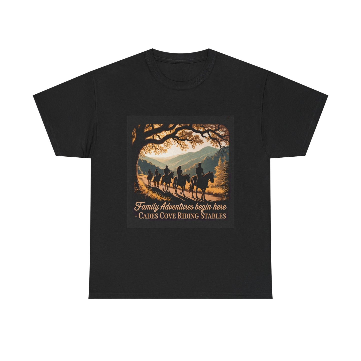 Family Horseback Adventures at Cades Cove Riding Stables T-Shirt – Smoky Mountains Souvenir Tee