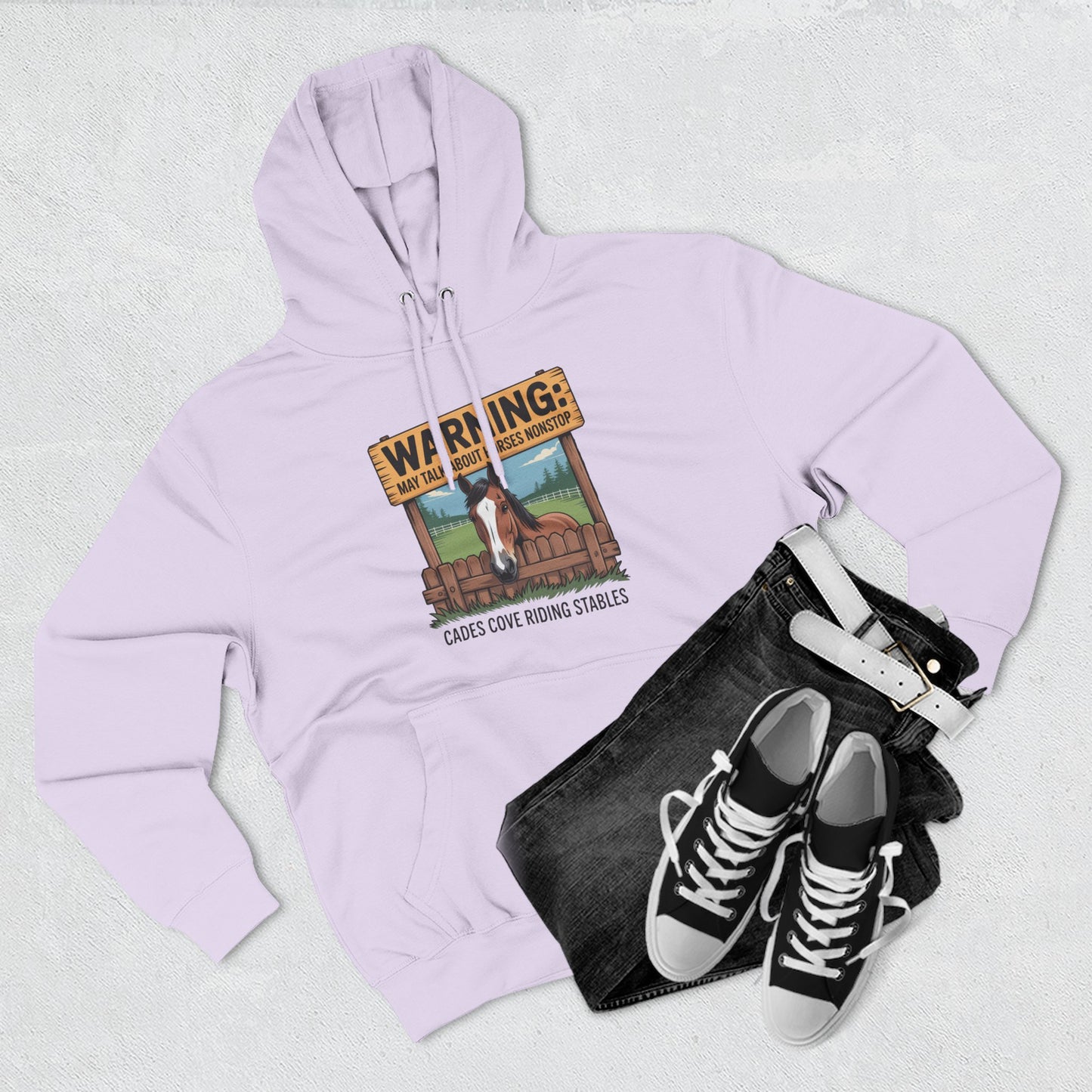 Warning May Talk About Horses Nonstop Adult Jacket – Cades Cove Riding Stables Three-Panel Fleece Hoodie