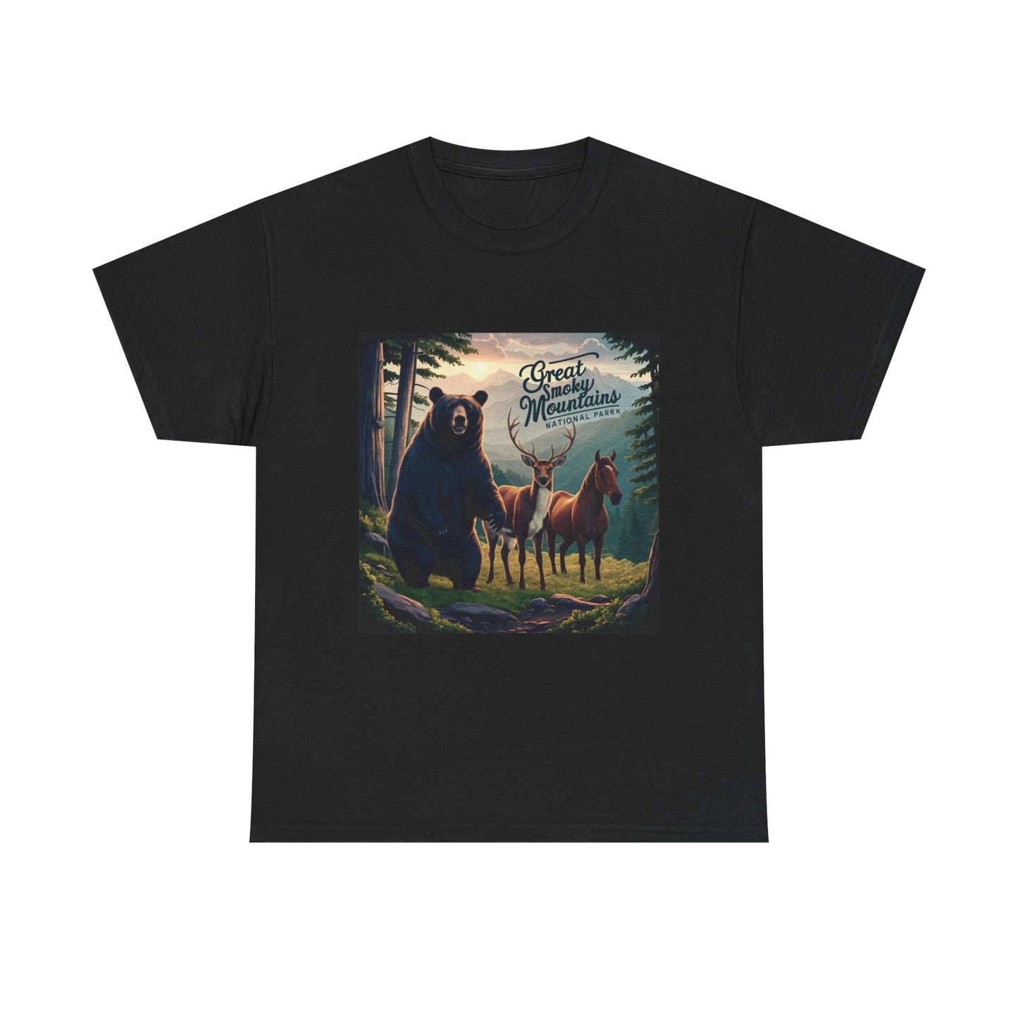Great Smoky Mountains National Park Bear Deer and Horse Unisex Heavy Cotton Tee
