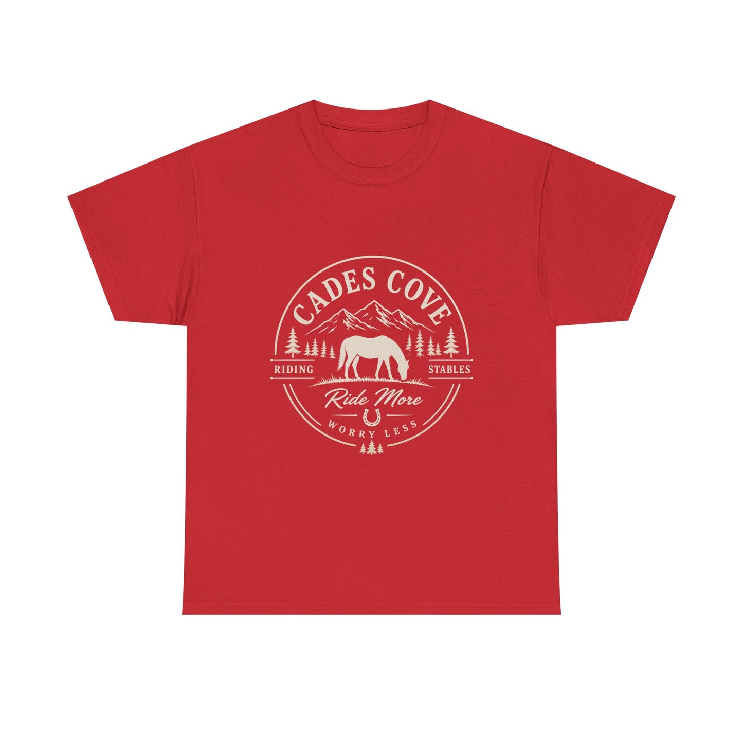 Cades Cove Riding Stables Ride More Worry Less T-Shirt – Adult Horse Mountain Tee