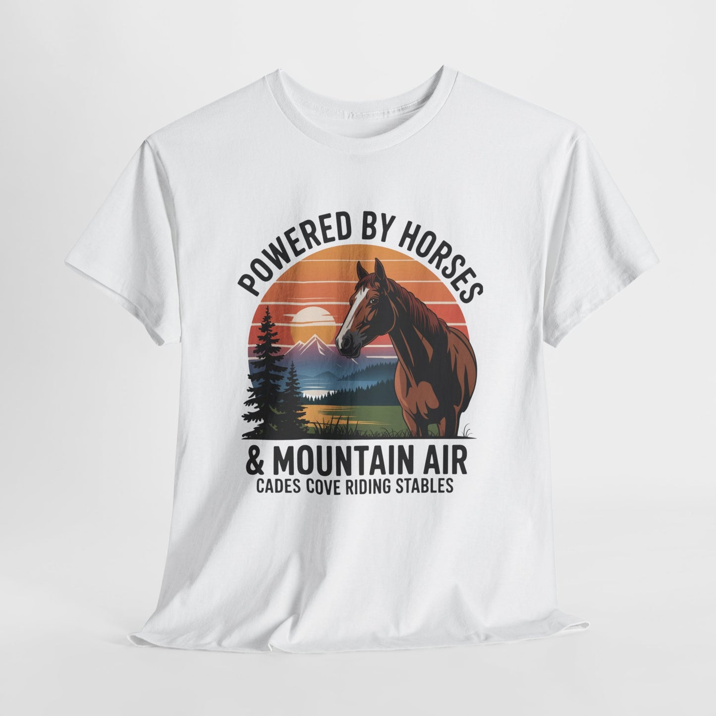 Powered By Horses and Mountain Air Cades Cove Riding Stables Shirt – Smoky Mountains Horse Tee
