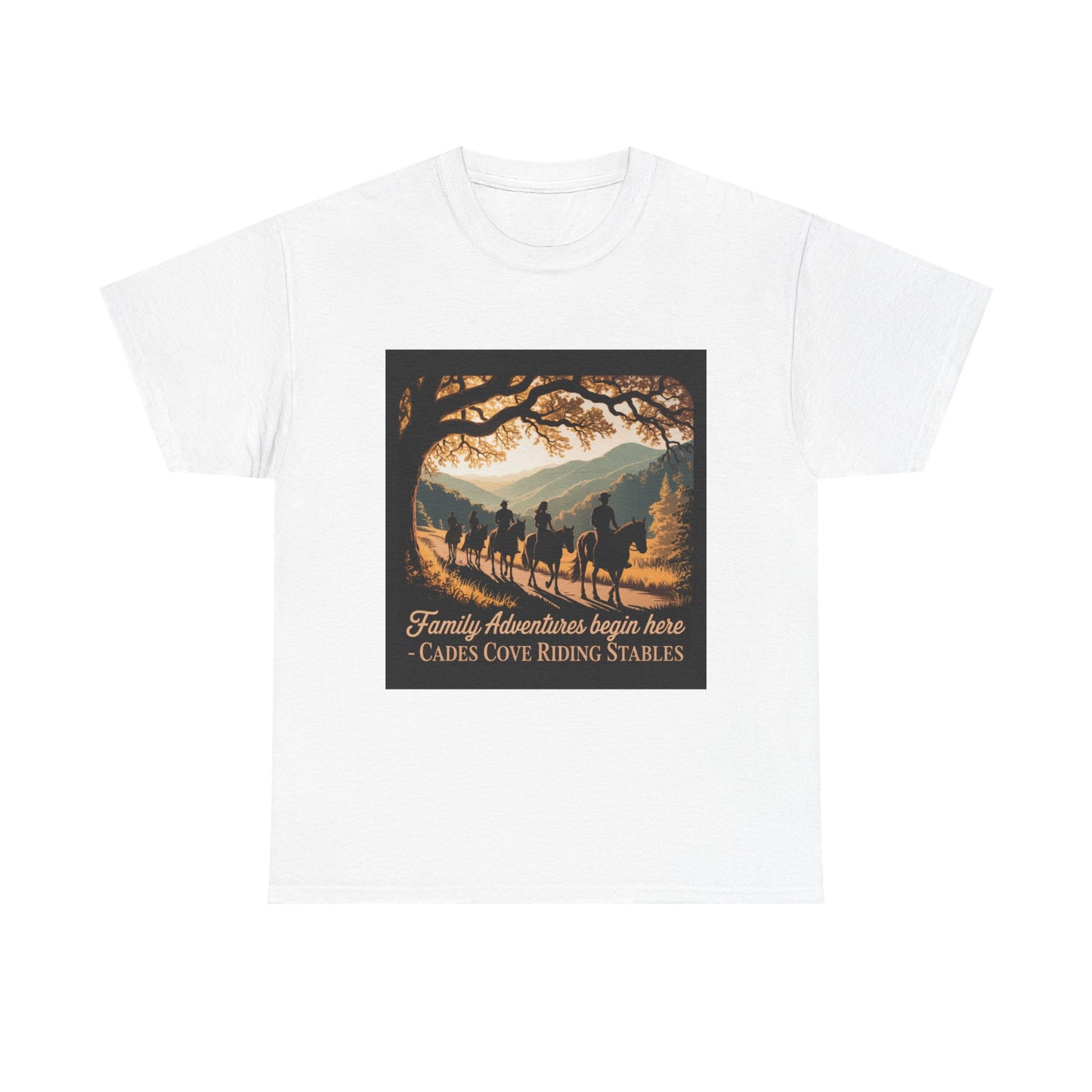 Family Horseback Adventures at Cades Cove Riding Stables T-Shirt – Smoky Mountains Souvenir Tee