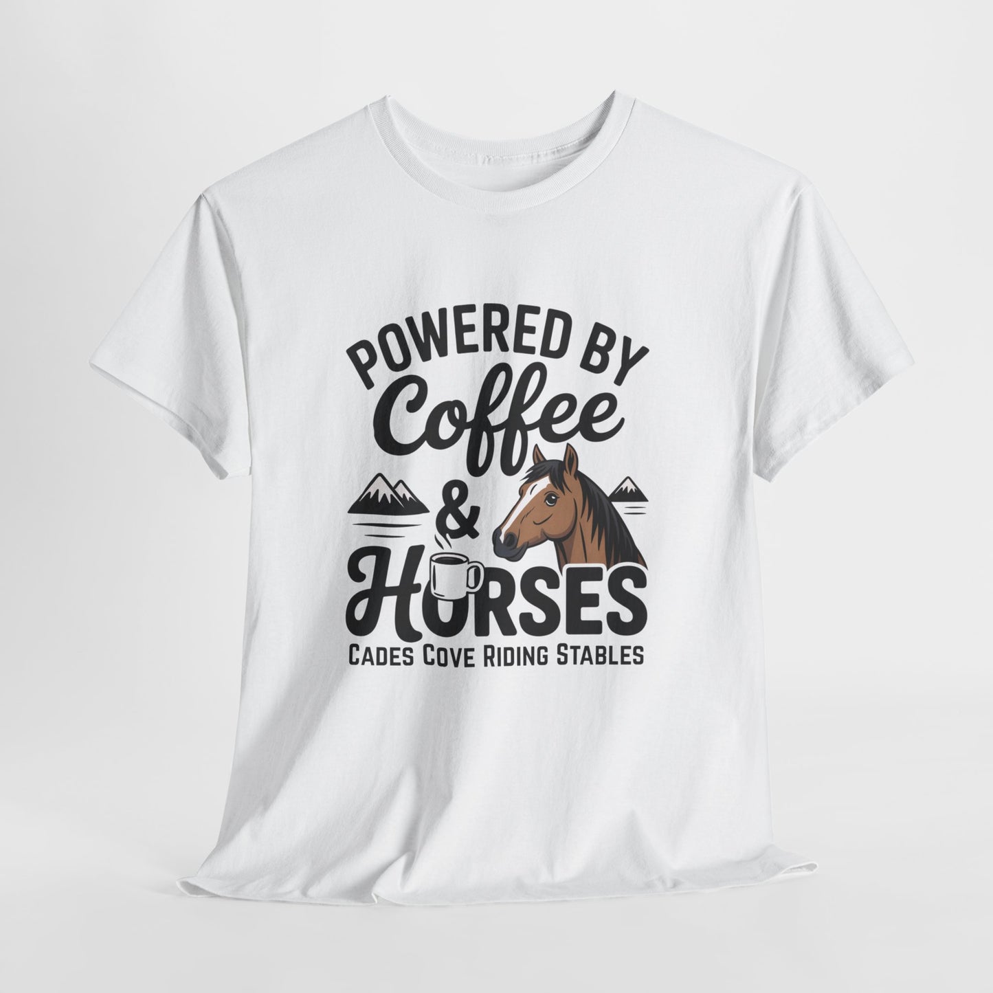 Powered by Coffee & Horses T-Shirt – Funny Riding Tee | Cades Cove Riding Stables