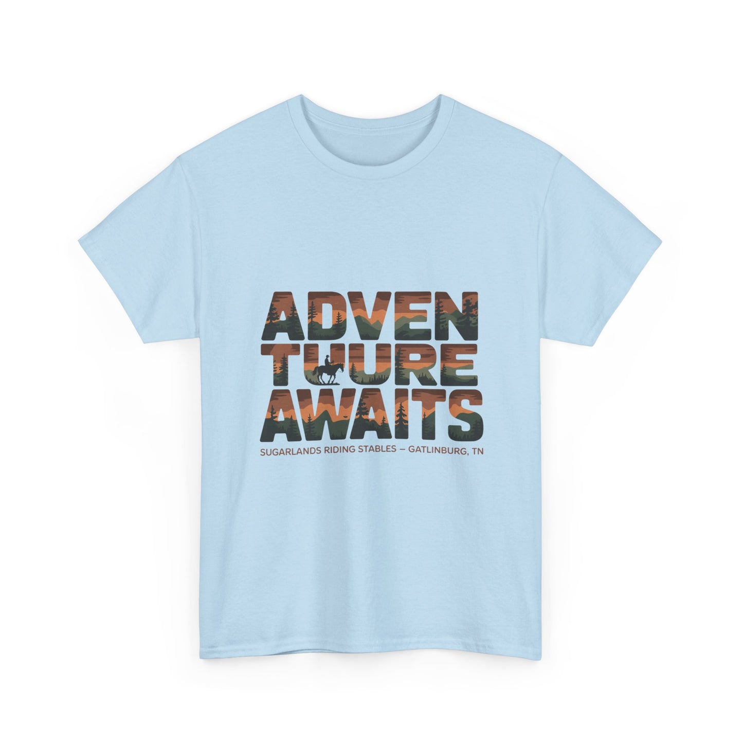 Adventure Awaits T-Shirt – Sugarlands Riding Stables Gatlinburg Smoky Mountains Outdoor Tee