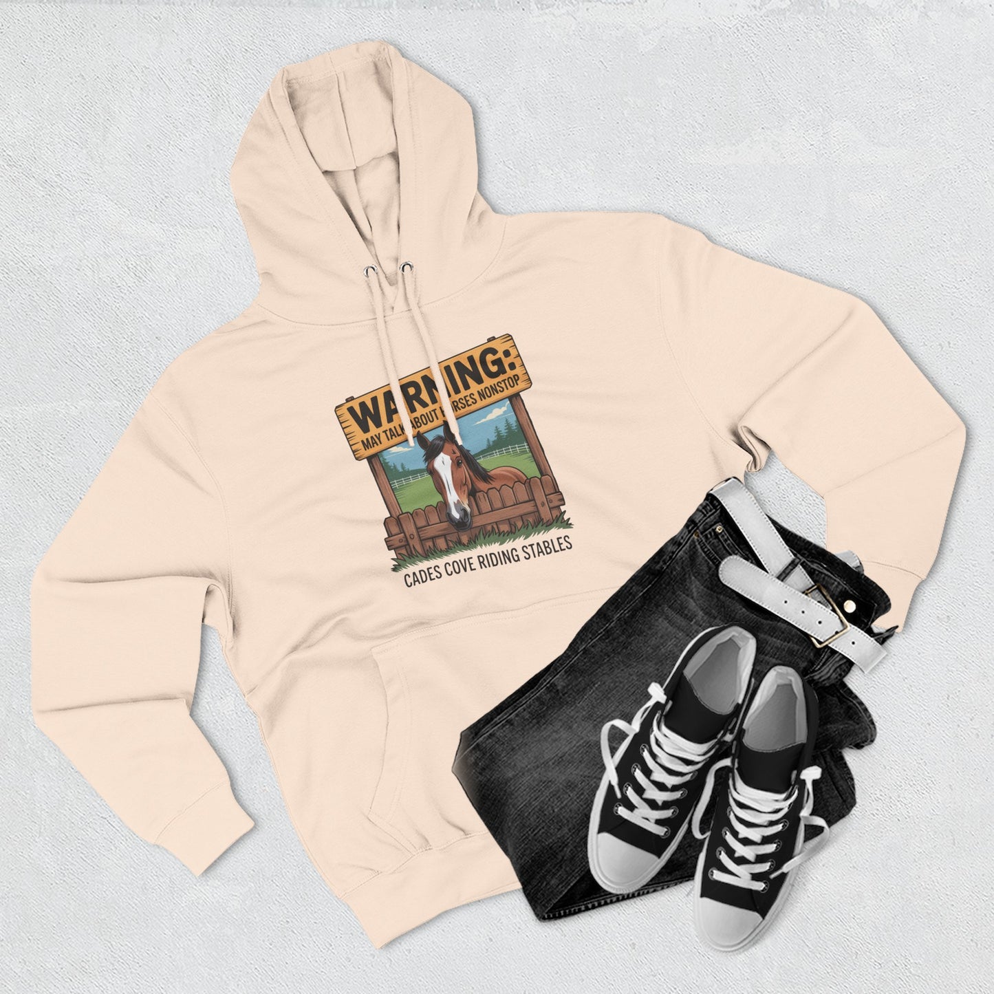Warning May Talk About Horses Nonstop Adult Jacket – Cades Cove Riding Stables Three-Panel Fleece Hoodie