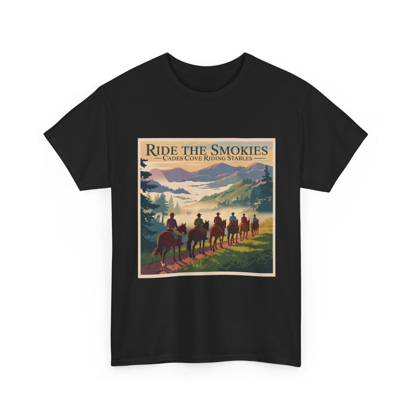 Ride the Smokies T-Shirt – Cades Cove Riding Stables Smoky Mountains Horseback Adventure Tee