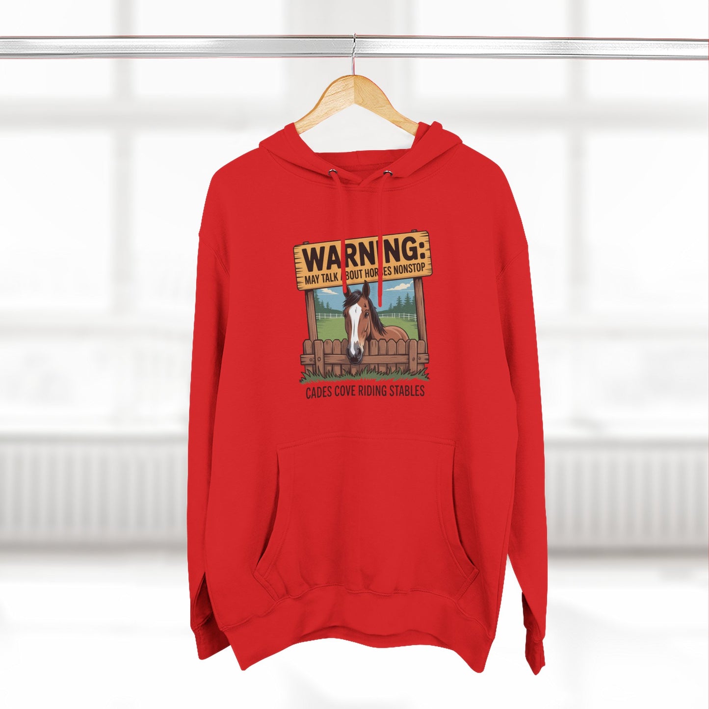 Warning May Talk About Horses Nonstop Adult Jacket – Cades Cove Riding Stables Three-Panel Fleece Hoodie