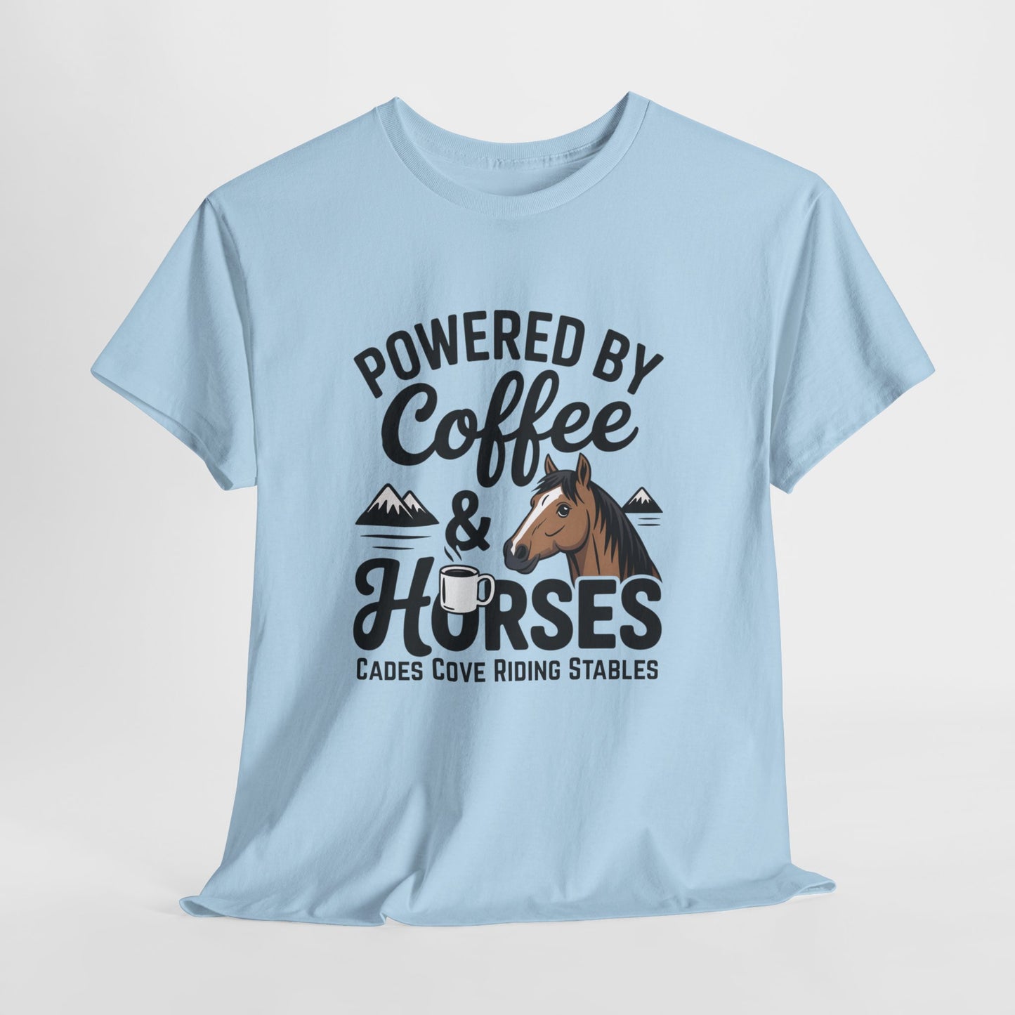 Powered by Coffee & Horses T-Shirt – Funny Riding Tee | Cades Cove Riding Stables