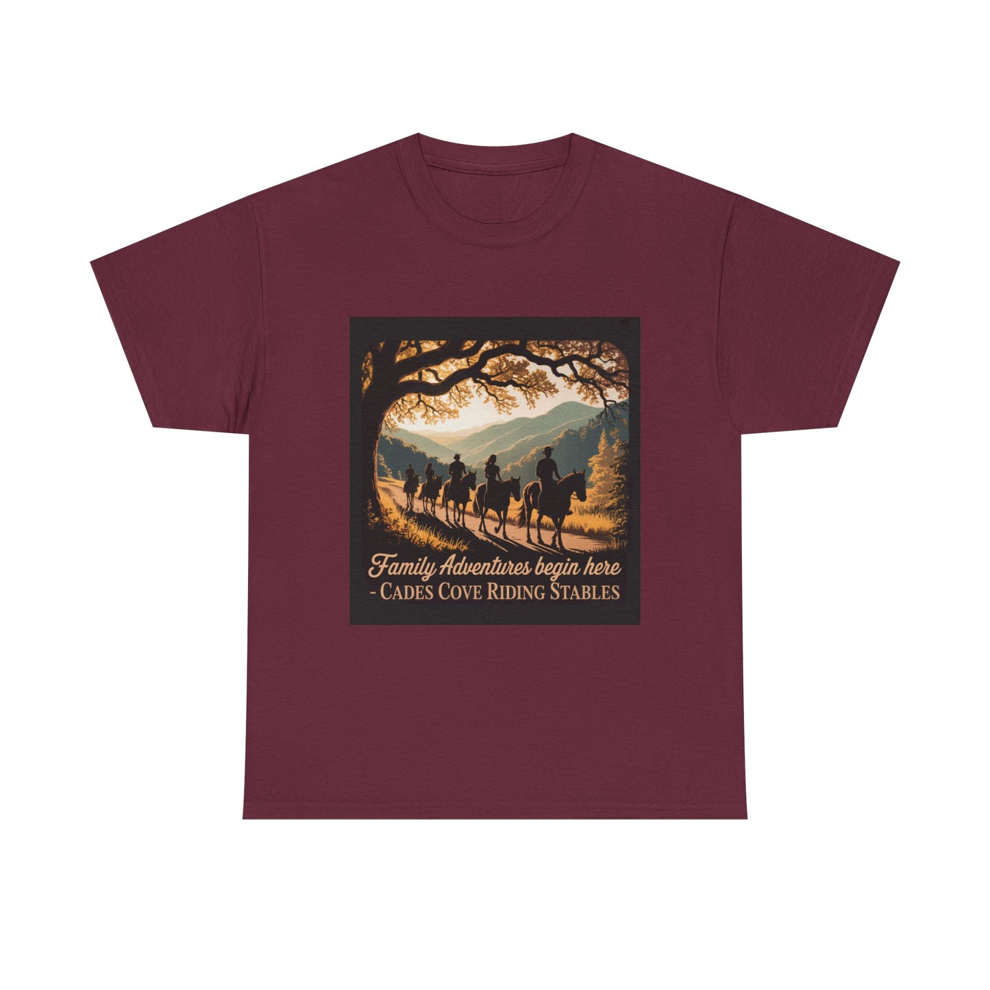 Family Horseback Adventures at Cades Cove Riding Stables T-Shirt – Smoky Mountains Souvenir Tee