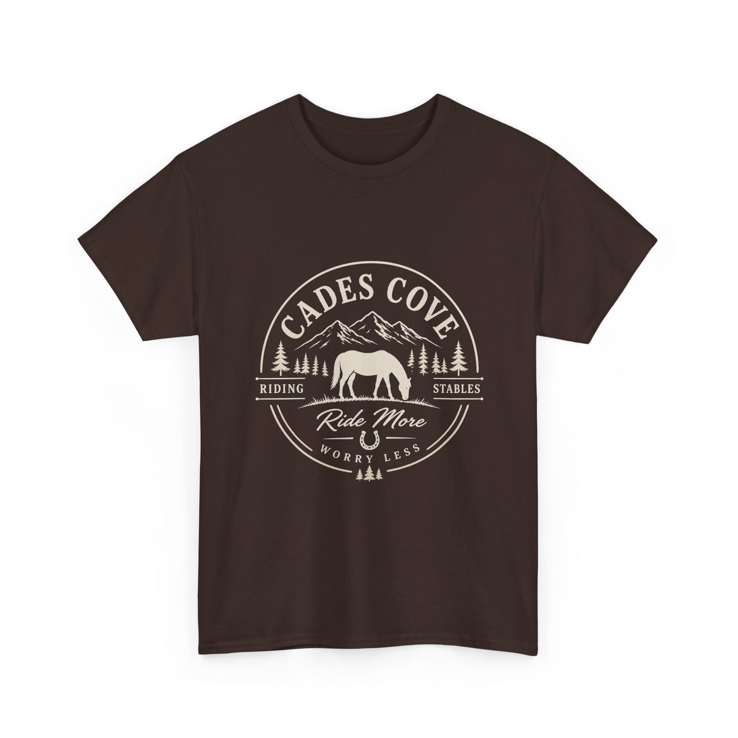 Cades Cove Riding Stables Ride More Worry Less T-Shirt – Adult Horse Mountain Tee