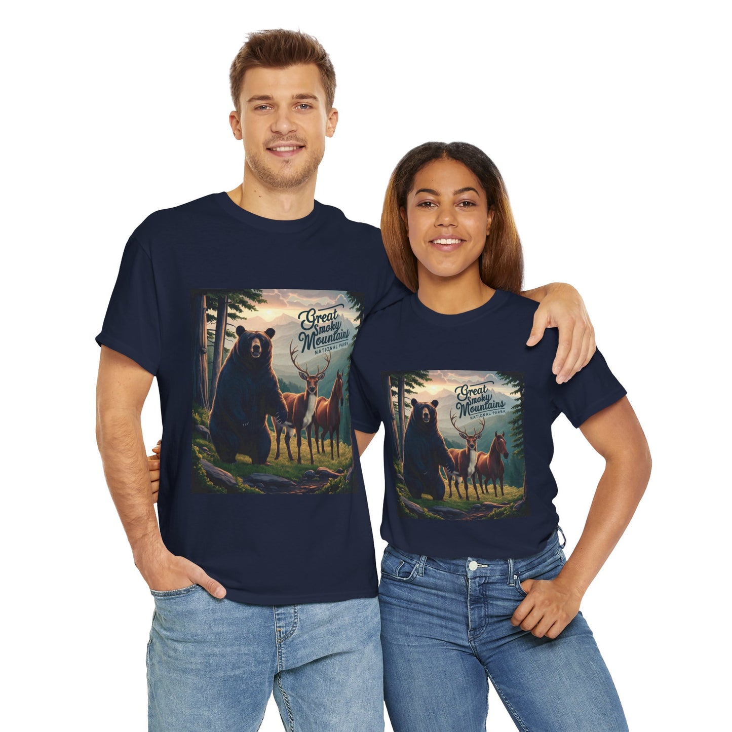 Great Smoky Mountains National Park Bear Deer and Horse Unisex Heavy Cotton Tee