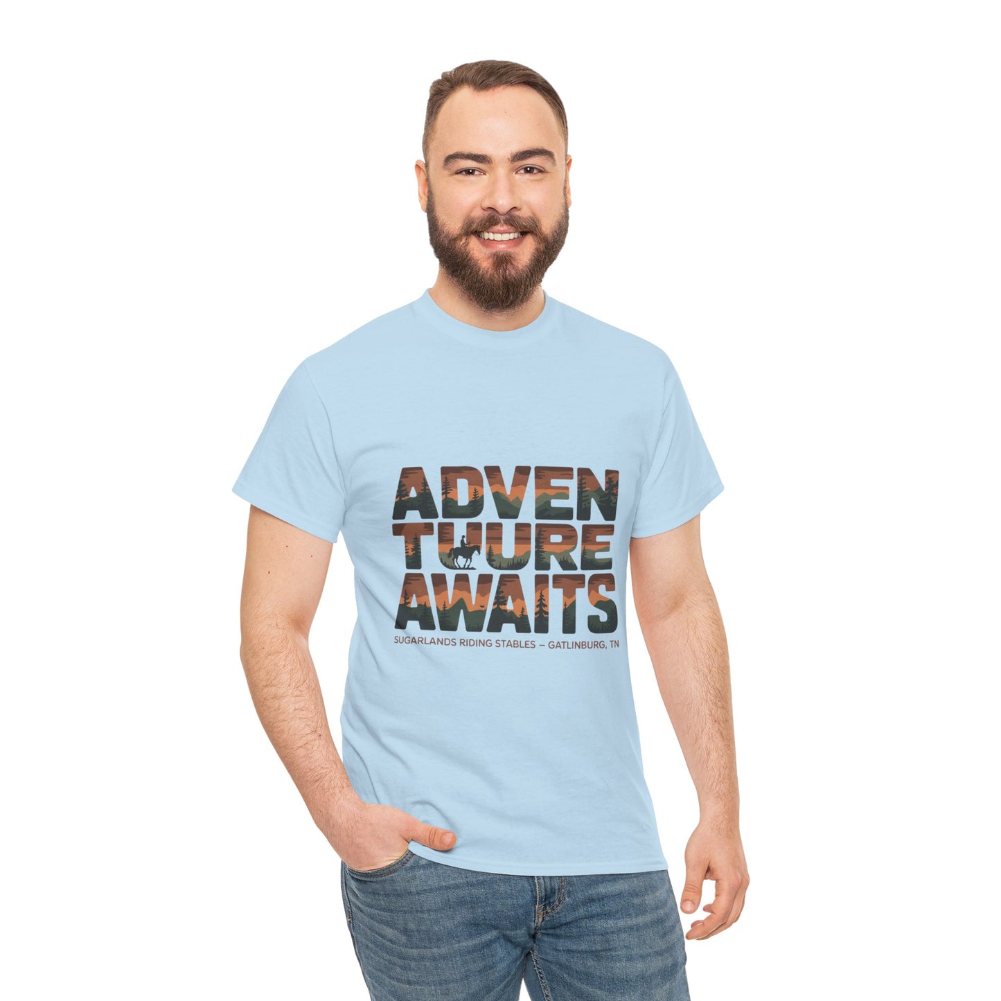 Adventure Awaits T-Shirt – Sugarlands Riding Stables Gatlinburg Smoky Mountains Outdoor Tee