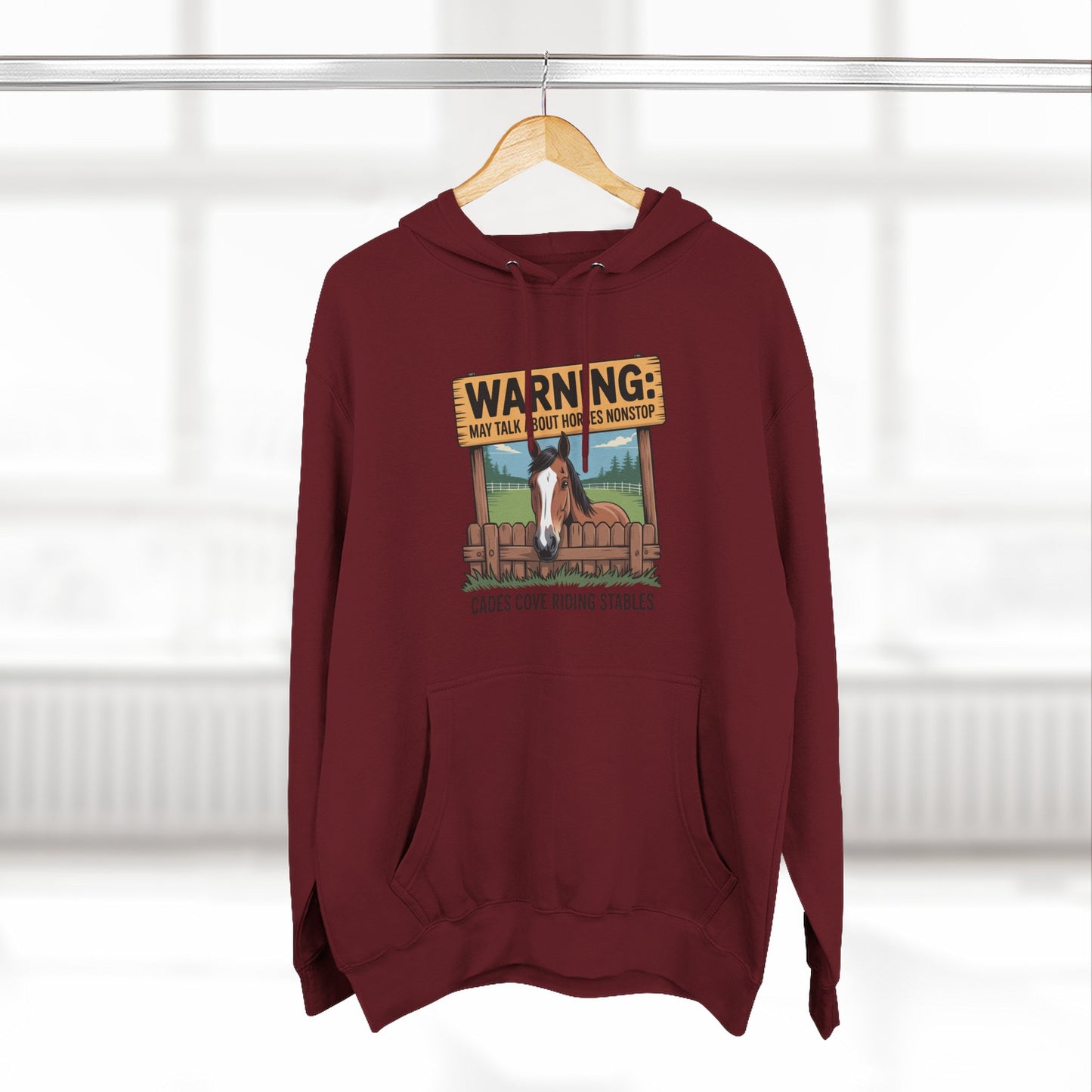 Warning May Talk About Horses Nonstop Adult Jacket – Cades Cove Riding Stables Three-Panel Fleece Hoodie