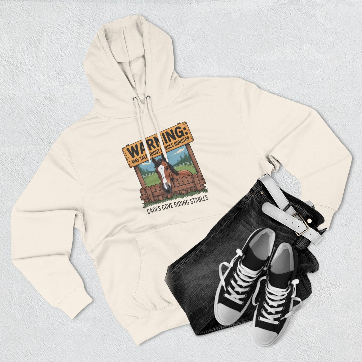 Warning May Talk About Horses Nonstop Adult Jacket – Cades Cove Riding Stables Three-Panel Fleece Hoodie