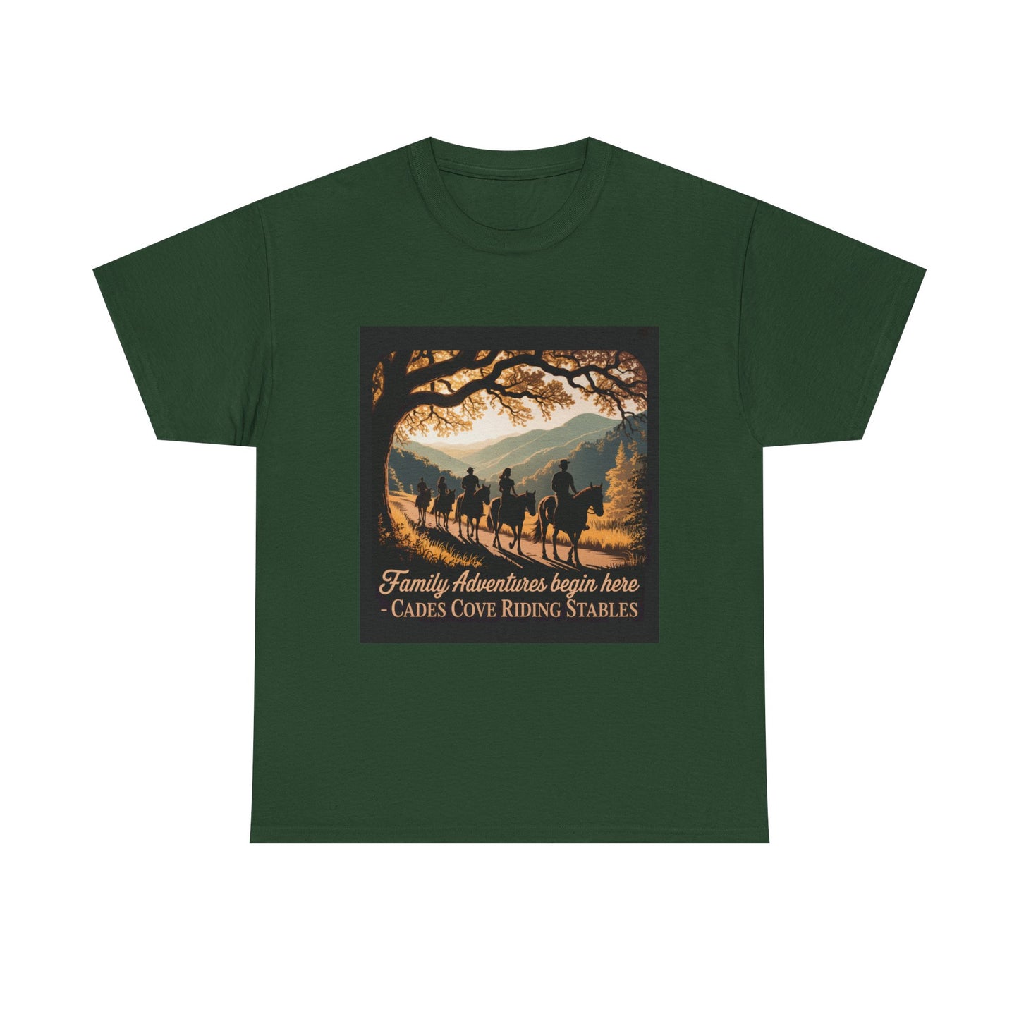 Family Horseback Adventures at Cades Cove Riding Stables T-Shirt – Smoky Mountains Souvenir Tee