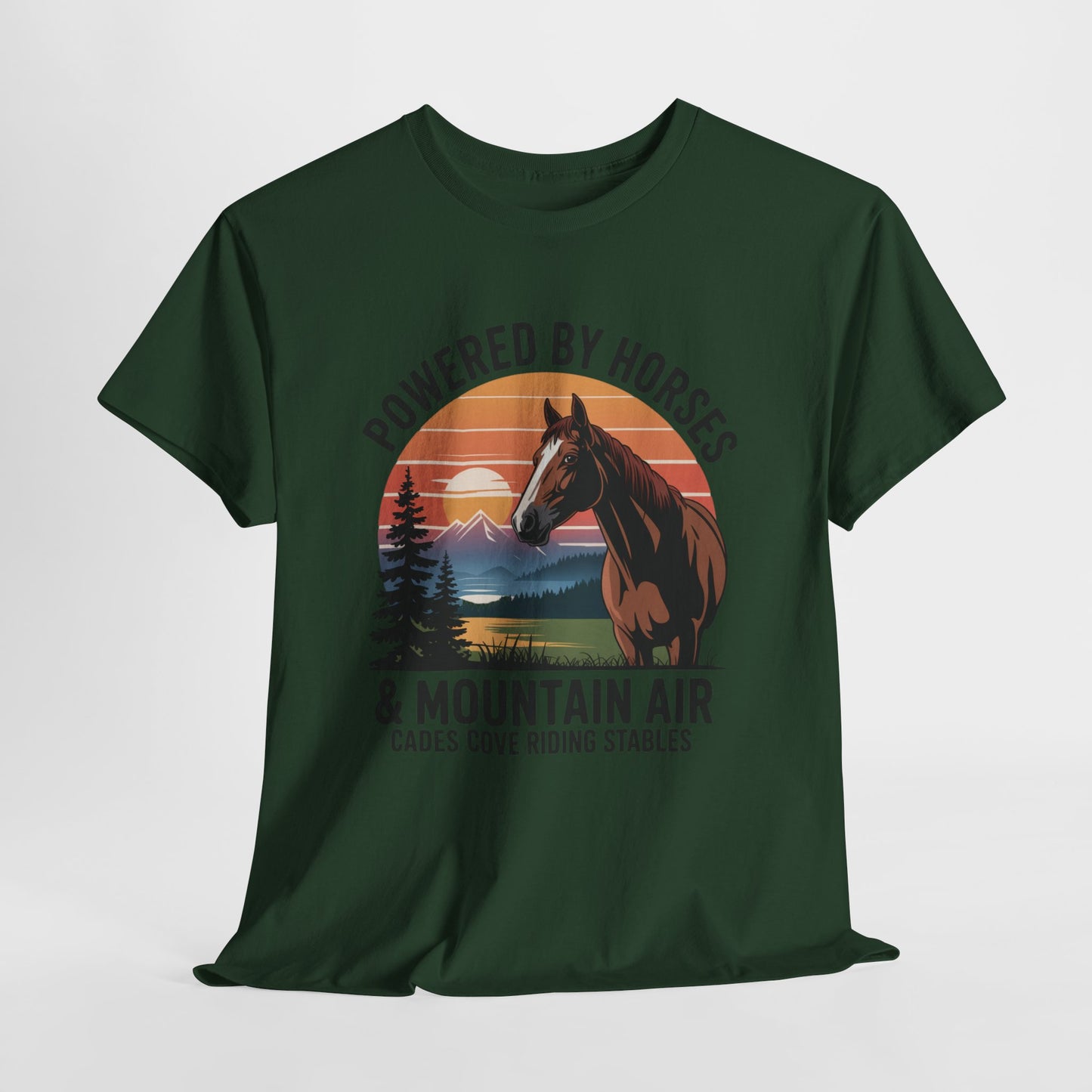 Powered By Horses and Mountain Air Cades Cove Riding Stables Shirt – Smoky Mountains Horse Tee