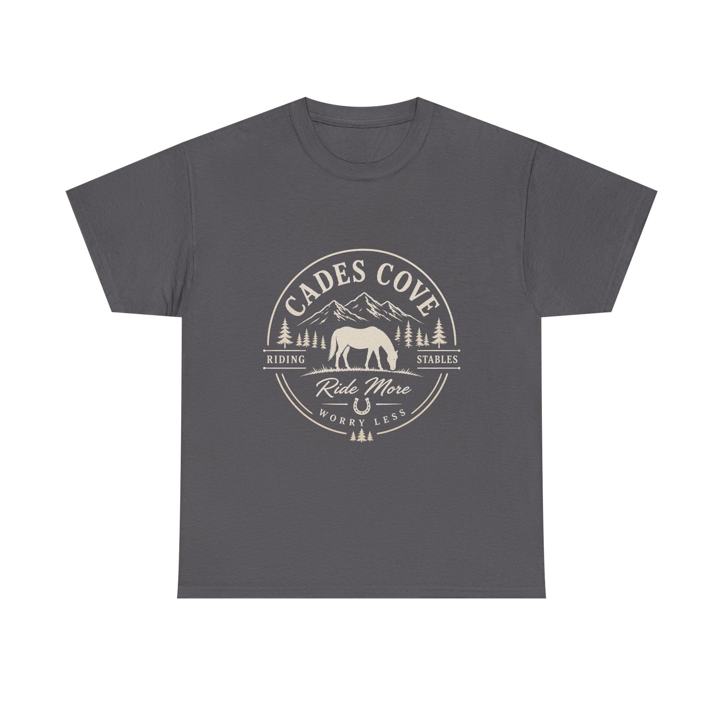 Cades Cove Riding Stables Ride More Worry Less T-Shirt – Adult Horse Mountain Tee