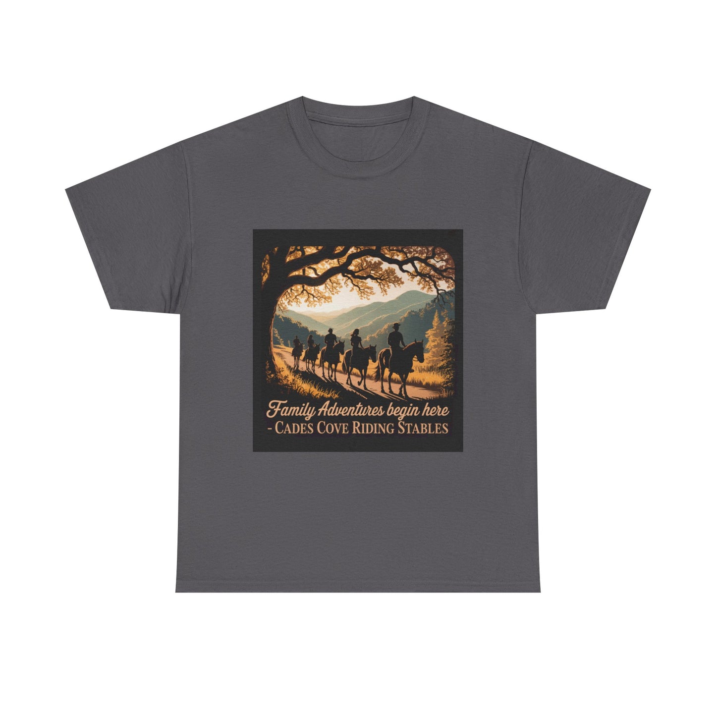 Family Horseback Adventures at Cades Cove Riding Stables T-Shirt – Smoky Mountains Souvenir Tee