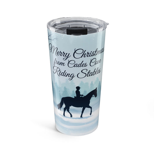 Merry Christmas from Cades Cove Riding Stables – Winter Horseback Holiday Scene Tumbler 20oz