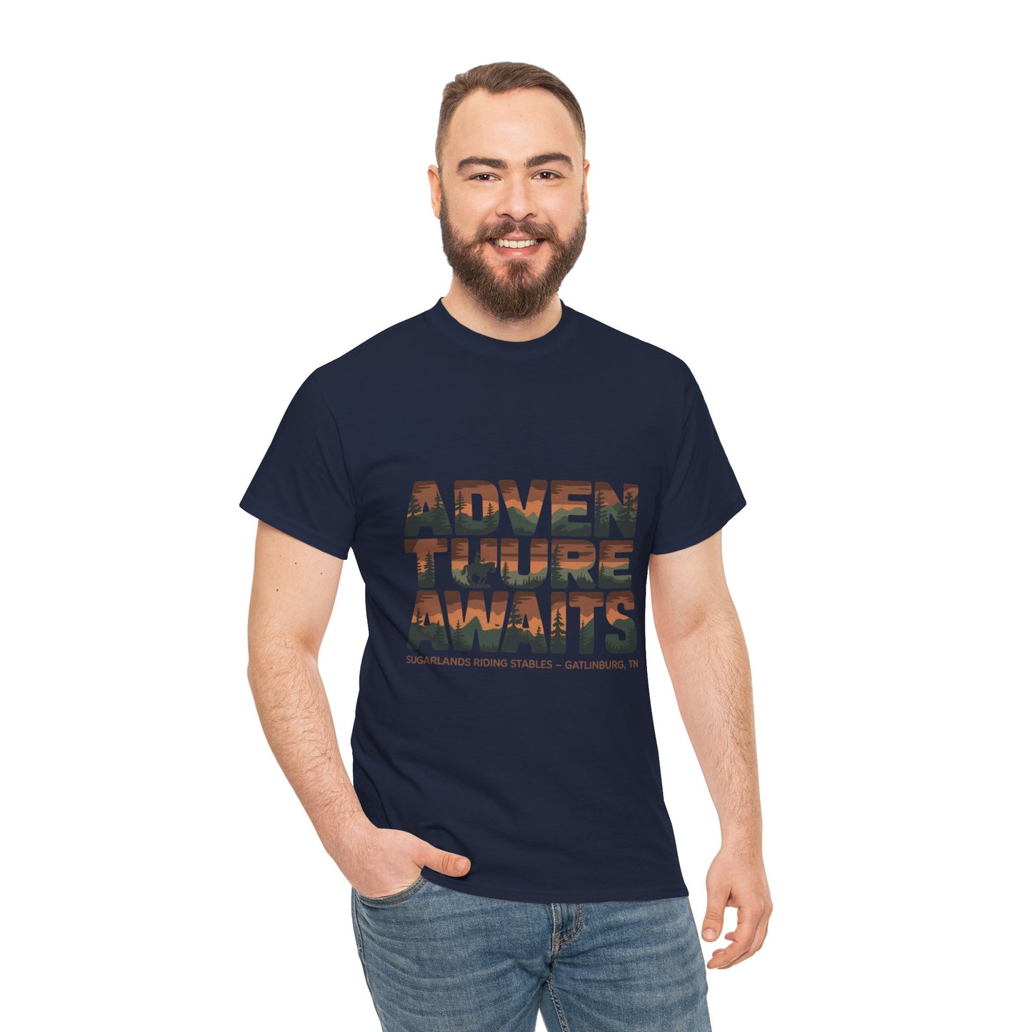 Adventure Awaits T-Shirt – Sugarlands Riding Stables Gatlinburg Smoky Mountains Outdoor Tee