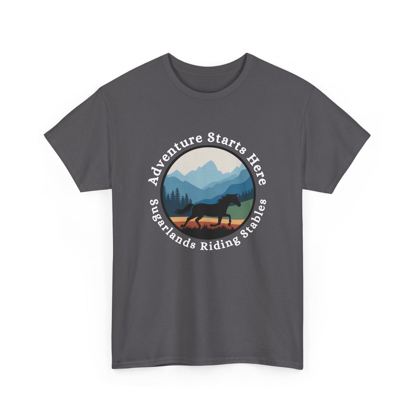 Adventure Starts Here Horse Riding Tee — Scenic Mountain Trail Shirt