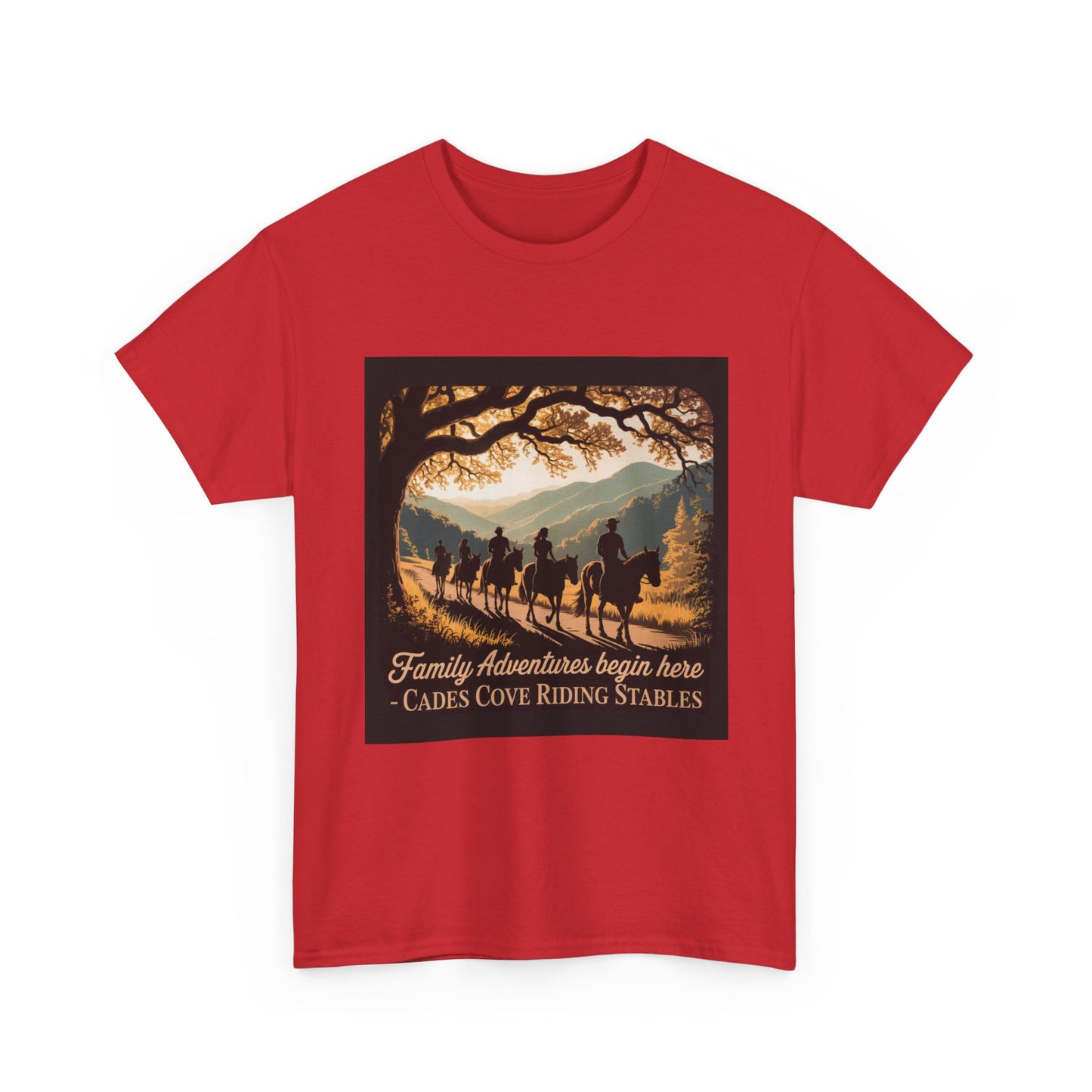 Family Horseback Adventures at Cades Cove Riding Stables T-Shirt – Smoky Mountains Souvenir Tee