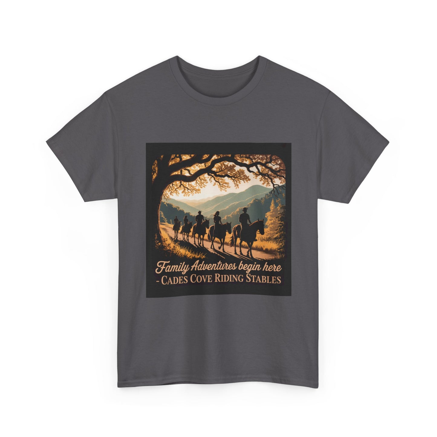 Family Horseback Adventures at Cades Cove Riding Stables T-Shirt – Smoky Mountains Souvenir Tee