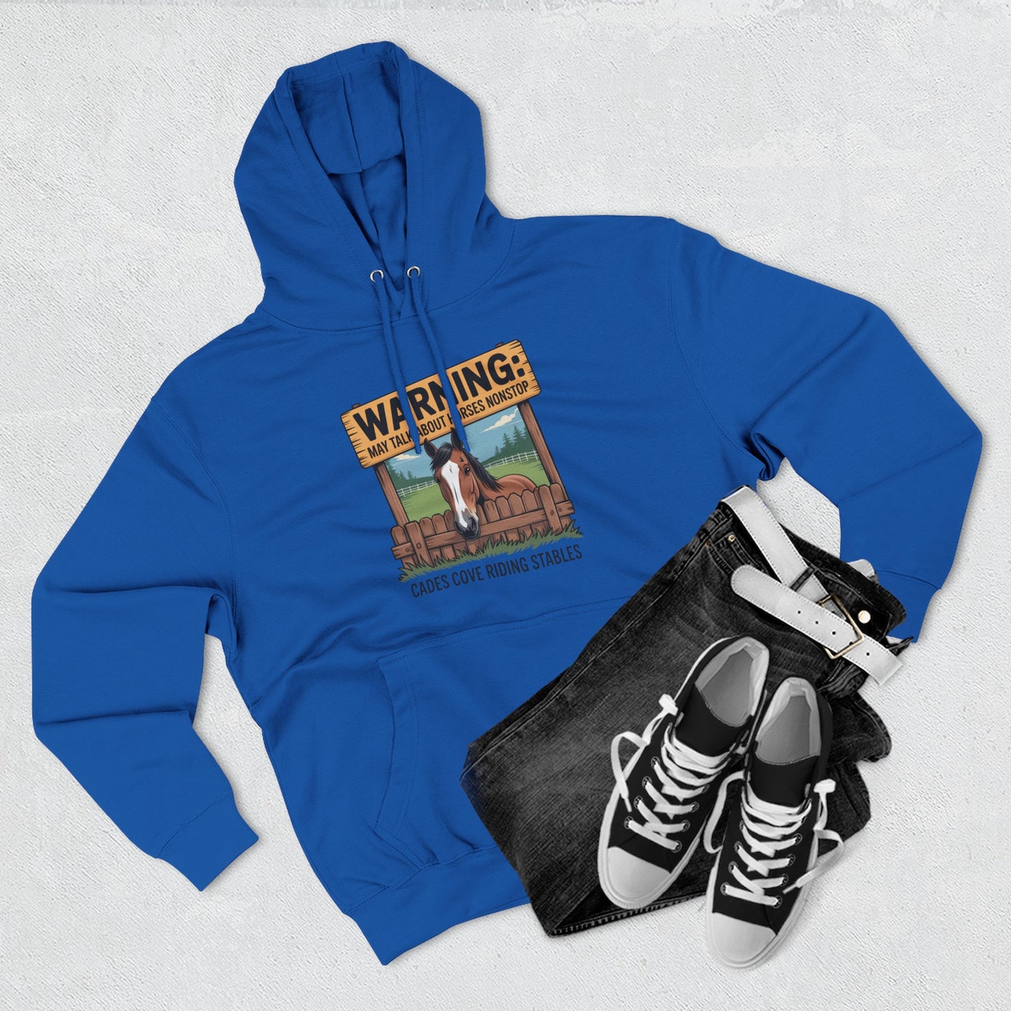 Warning May Talk About Horses Nonstop Adult Jacket – Cades Cove Riding Stables Three-Panel Fleece Hoodie