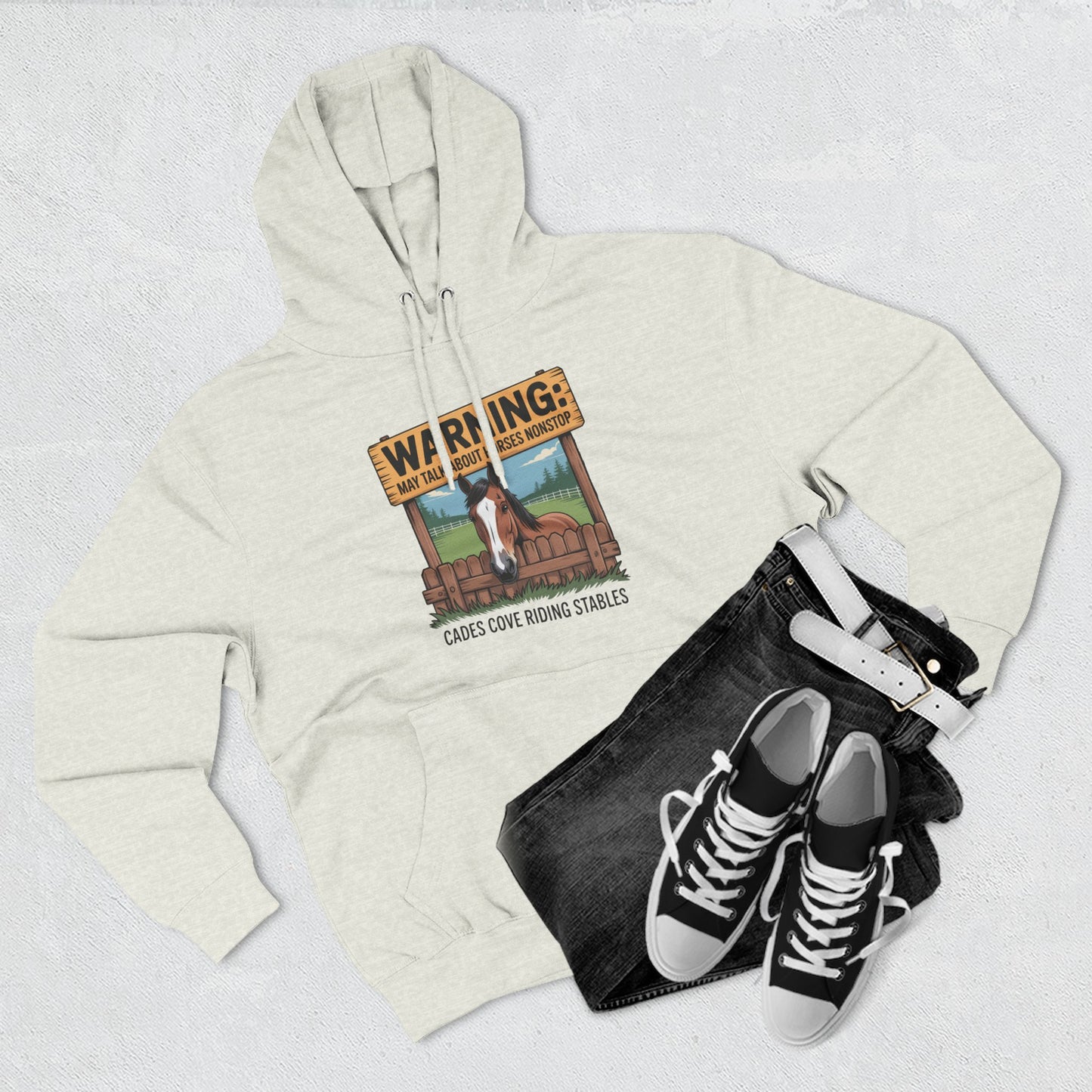 Warning May Talk About Horses Nonstop Adult Jacket – Cades Cove Riding Stables Three-Panel Fleece Hoodie
