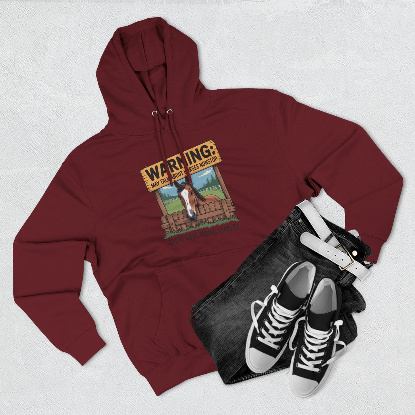 Warning May Talk About Horses Nonstop Adult Jacket – Cades Cove Riding Stables Three-Panel Fleece Hoodie