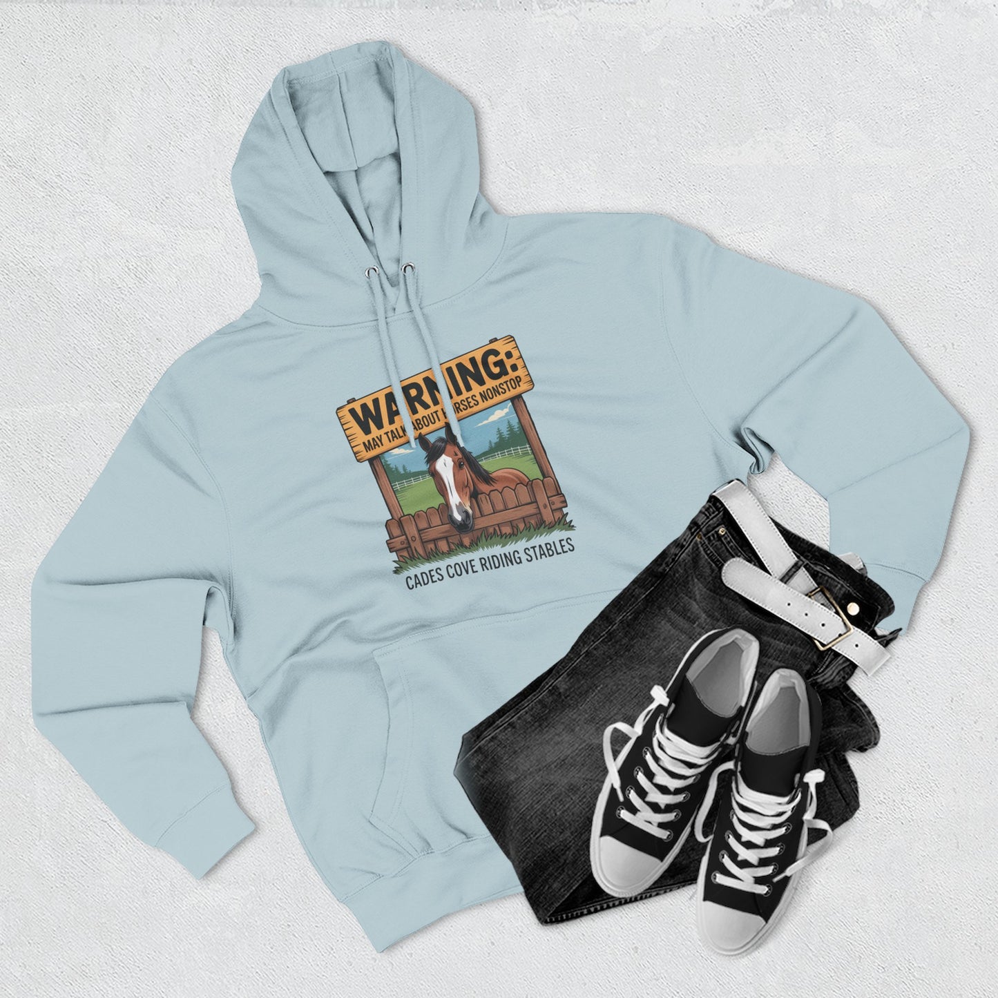 Warning May Talk About Horses Nonstop Adult Jacket – Cades Cove Riding Stables Three-Panel Fleece Hoodie