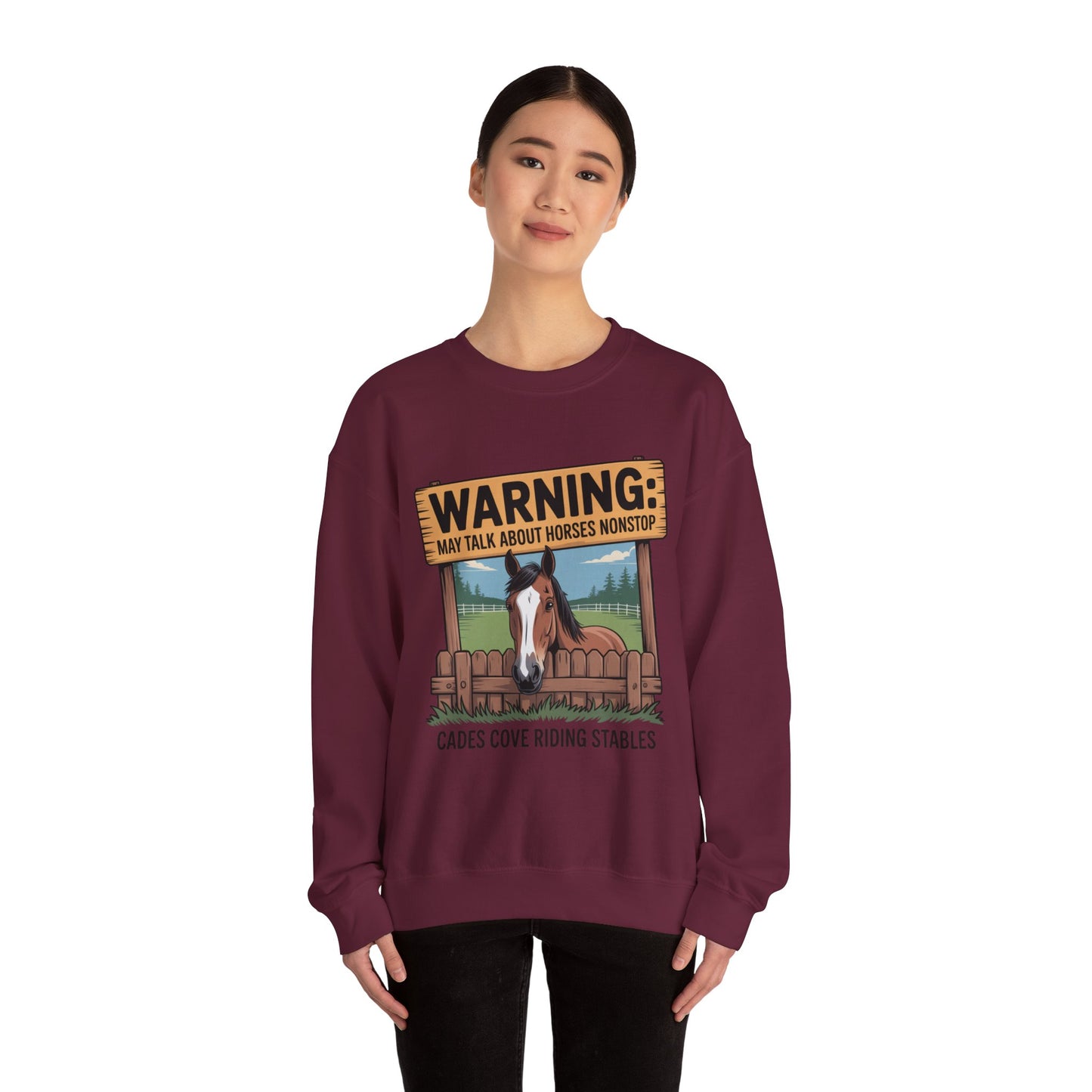Warning May Talk About Horses Nonstop Adult Jacket – Cades Cove Riding Stables Crewneck Sweatshirt