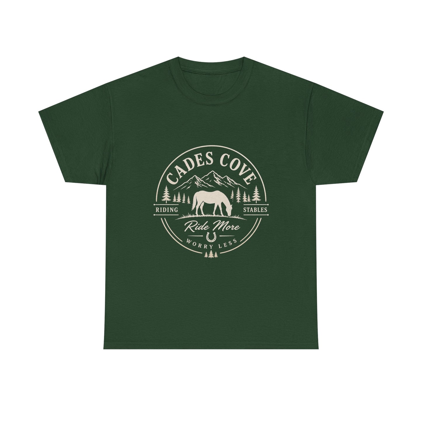 Cades Cove Riding Stables Ride More Worry Less T-Shirt – Adult Horse Mountain Tee