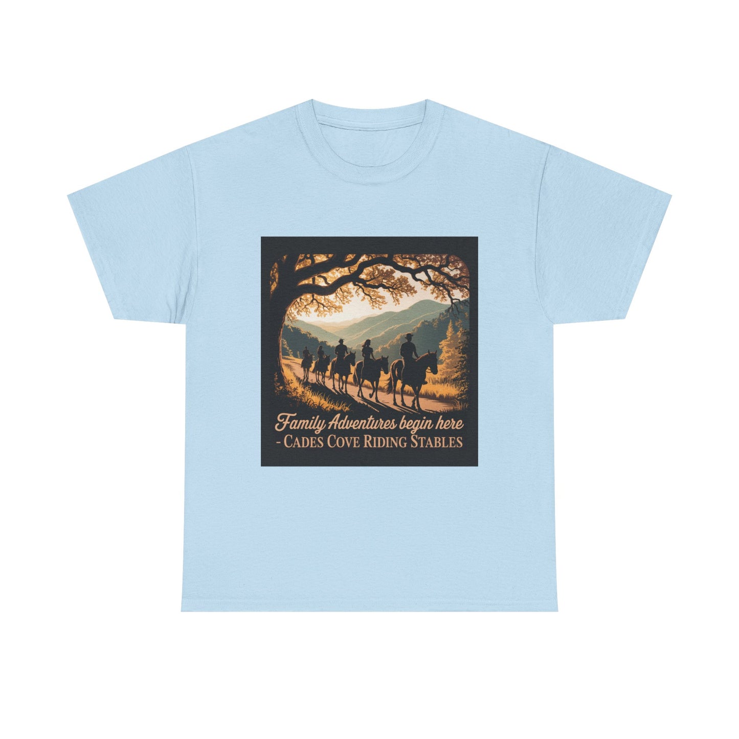 Family Horseback Adventures at Cades Cove Riding Stables T-Shirt – Smoky Mountains Souvenir Tee