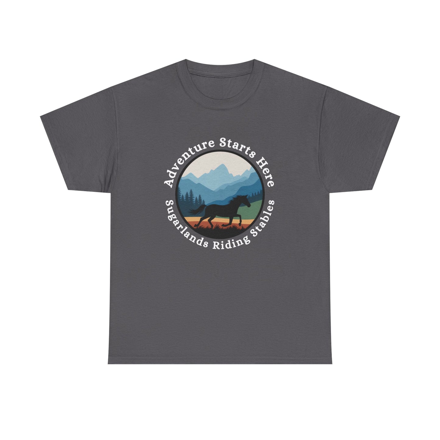 Adventure Starts Here Horse Riding Tee — Scenic Mountain Trail Shirt