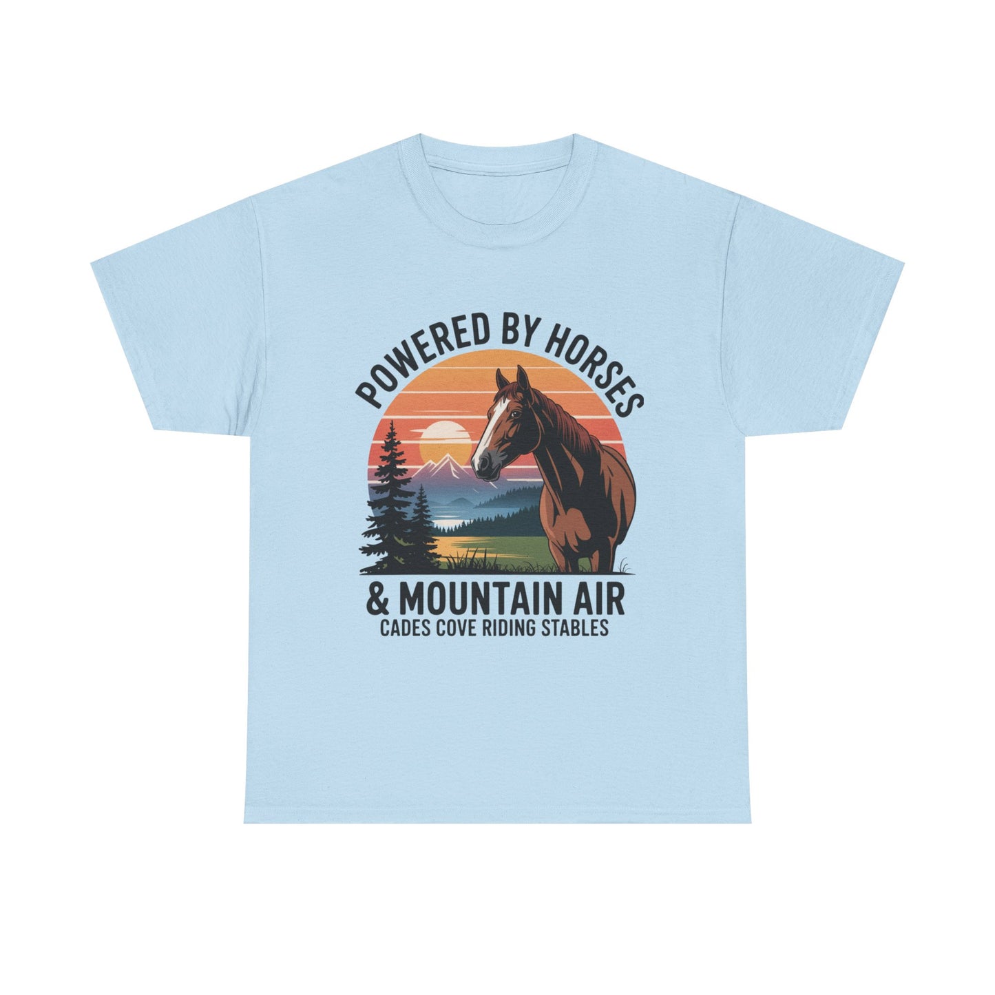 Powered By Horses and Mountain Air Cades Cove Riding Stables Shirt – Smoky Mountains Horse Tee