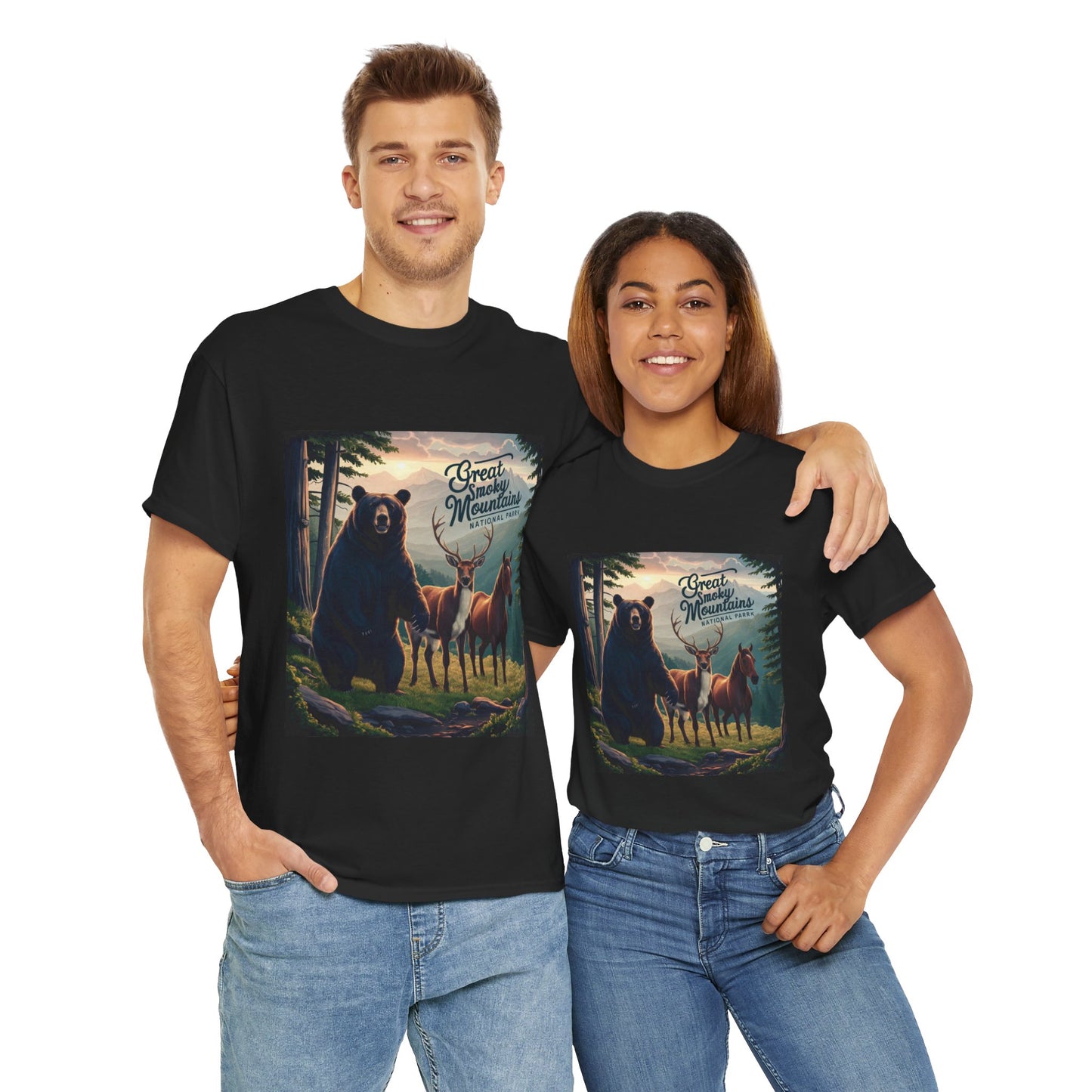 Great Smoky Mountains National Park Bear Deer and Horse Unisex Heavy Cotton Tee