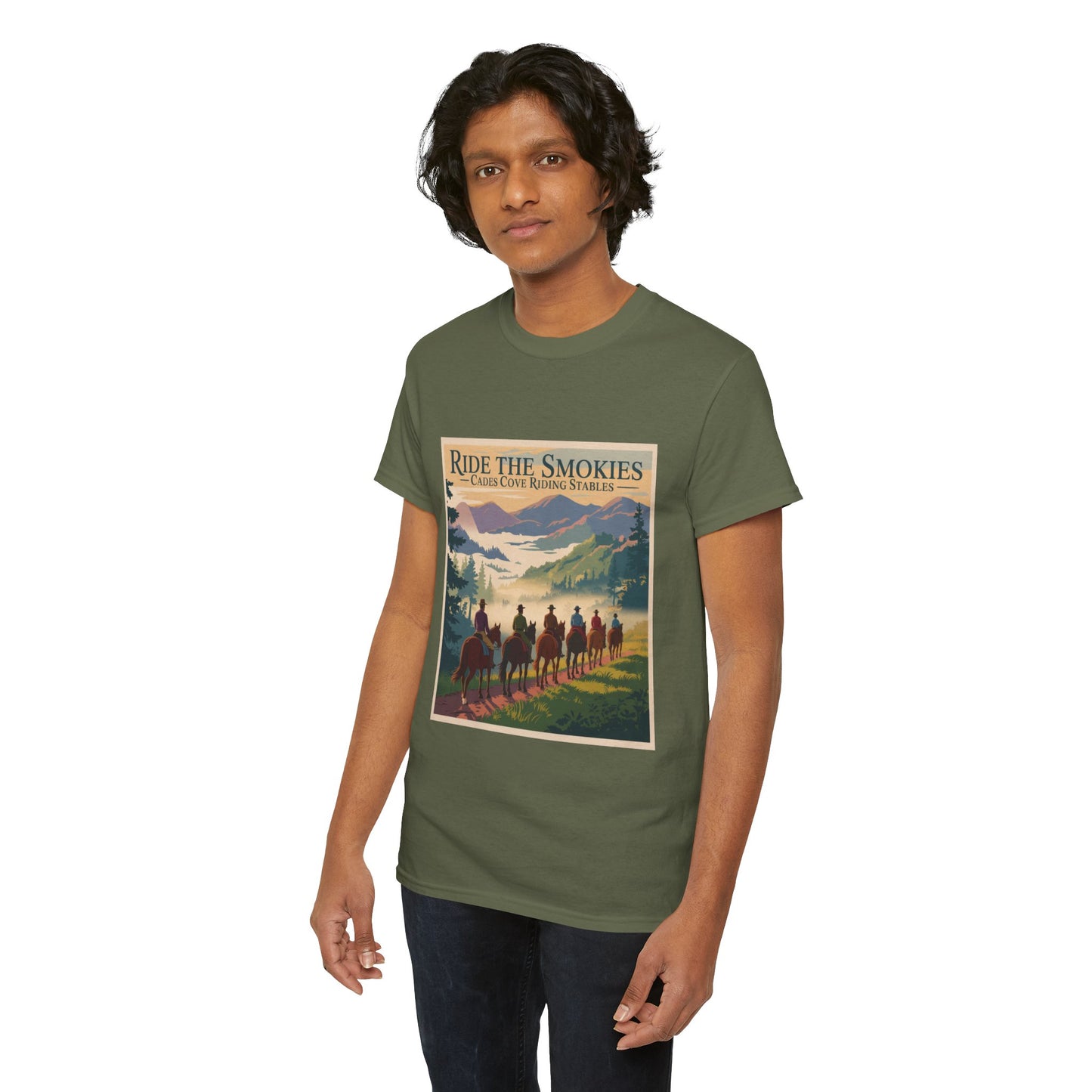 Ride the Smokies T-Shirt – Cades Cove Riding Stables Smoky Mountains Horseback Adventure Tee