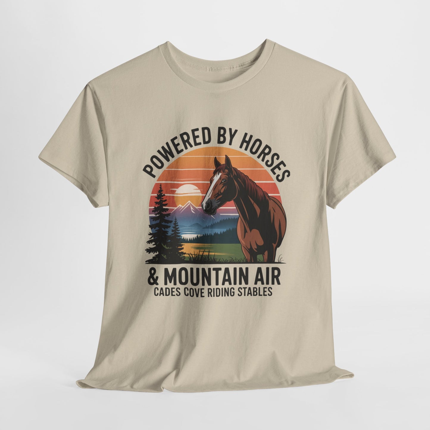 Powered By Horses and Mountain Air Cades Cove Riding Stables Shirt – Smoky Mountains Horse Tee