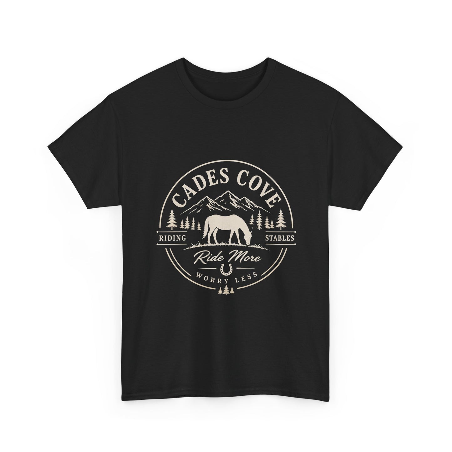 Cades Cove Riding Stables Ride More Worry Less T-Shirt – Adult Horse Mountain Tee