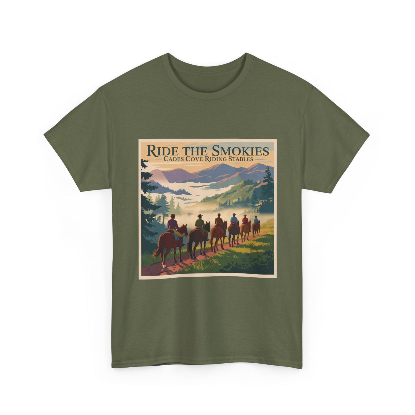 Ride the Smokies T-Shirt – Cades Cove Riding Stables Smoky Mountains Horseback Adventure Tee