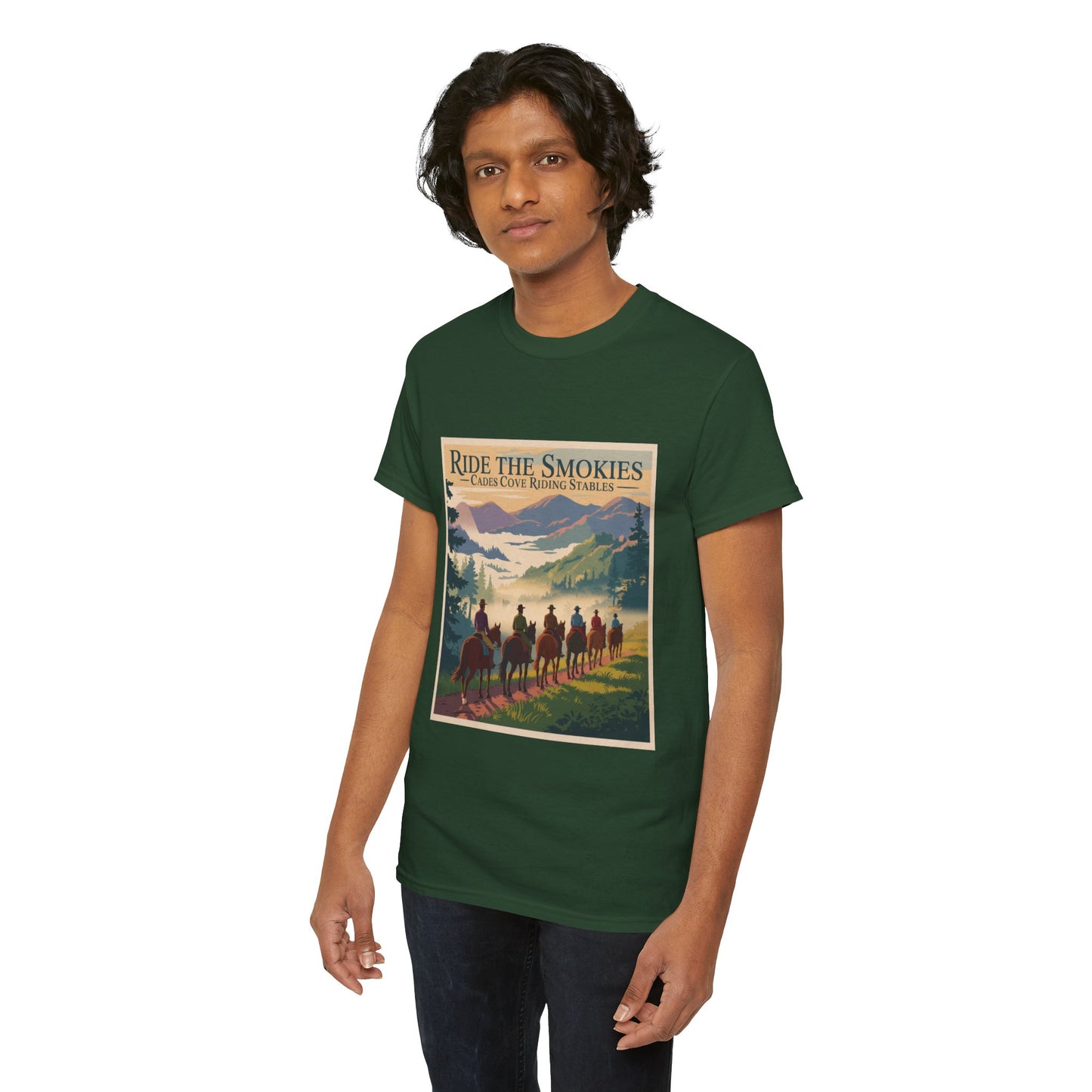 Ride the Smokies T-Shirt – Cades Cove Riding Stables Smoky Mountains Horseback Adventure Tee
