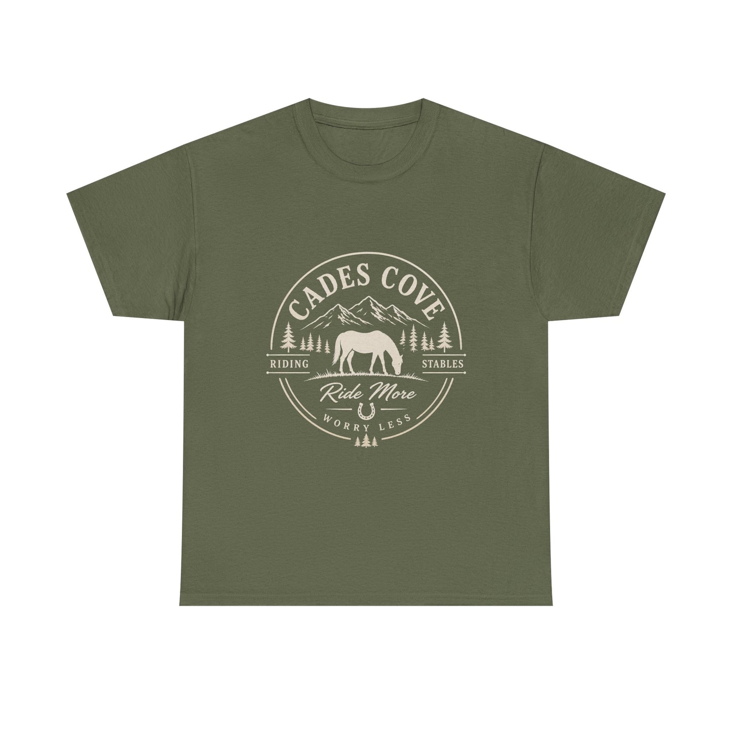 Cades Cove Riding Stables Ride More Worry Less T-Shirt – Adult Horse Mountain Tee