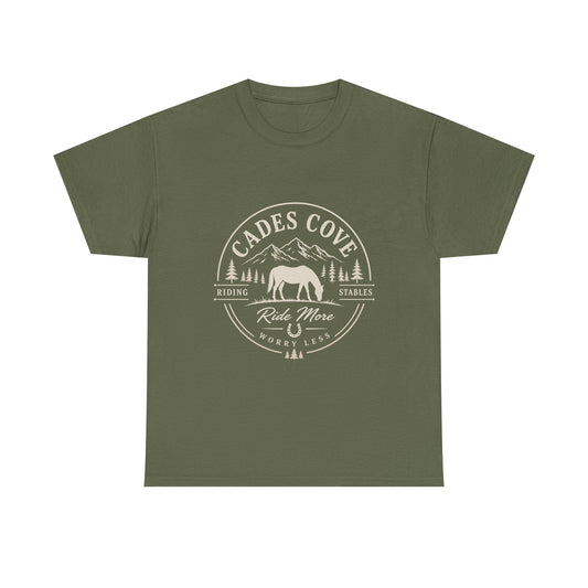 Cades Cove Riding Stables Ride More Worry Less T-Shirt – Adult Horse Mountain Tee