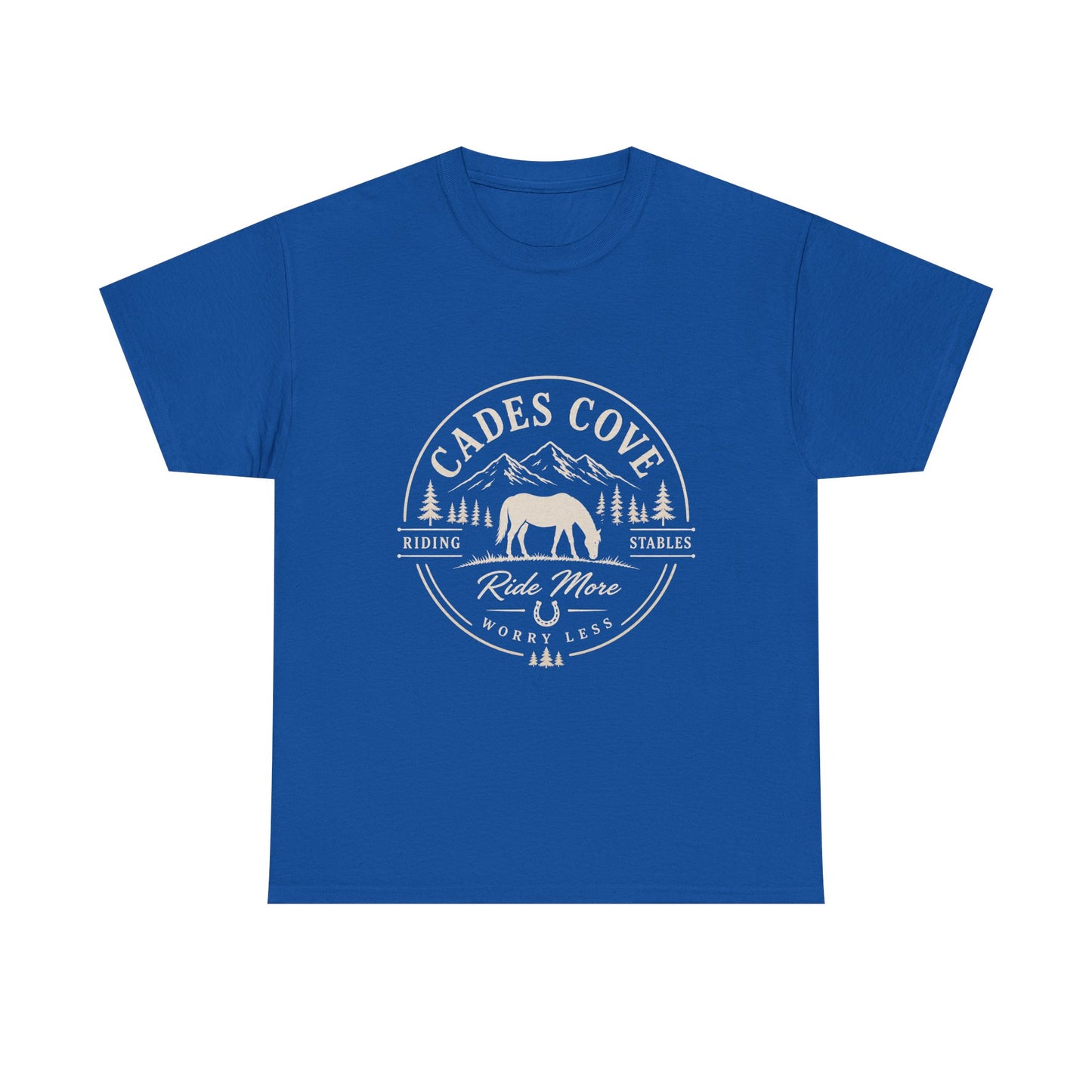 Cades Cove Riding Stables Ride More Worry Less T-Shirt – Adult Horse Mountain Tee