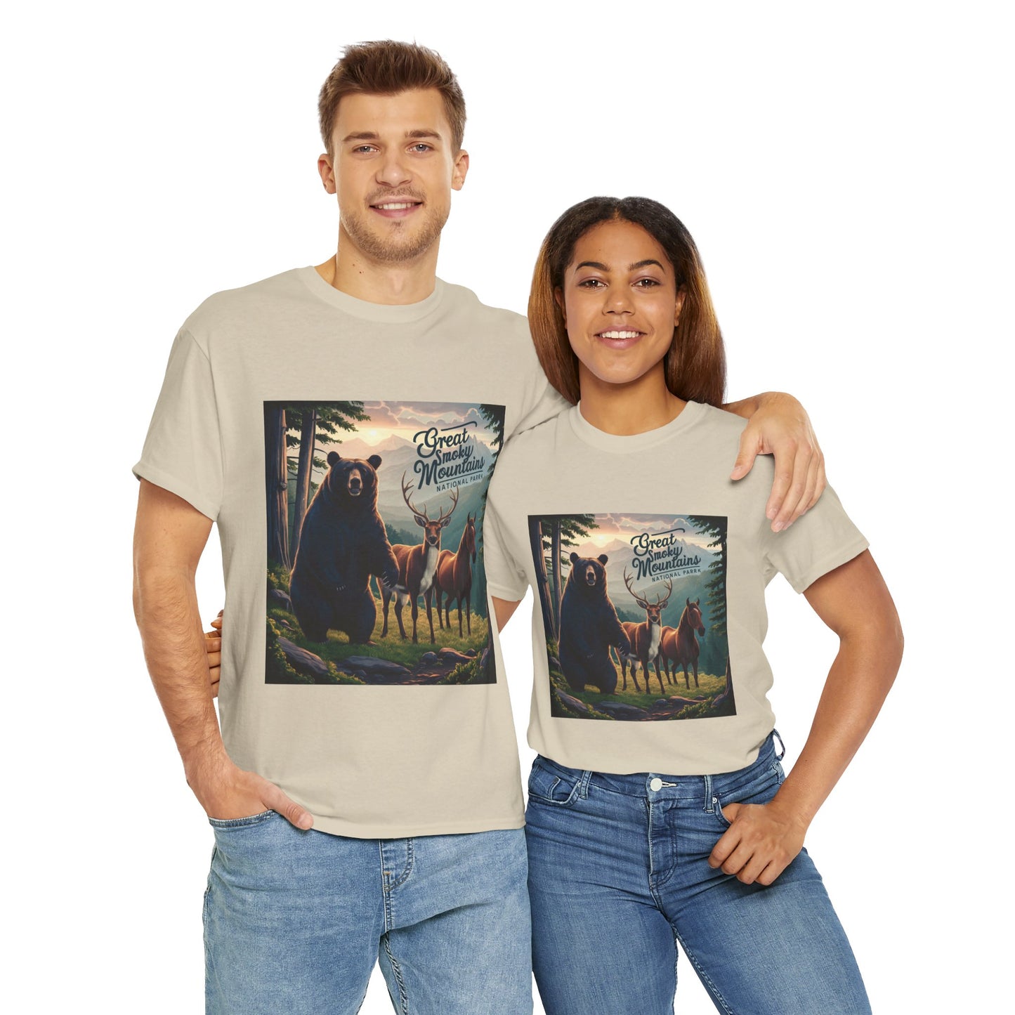 Great Smoky Mountains National Park Bear Deer and Horse Unisex Heavy Cotton Tee