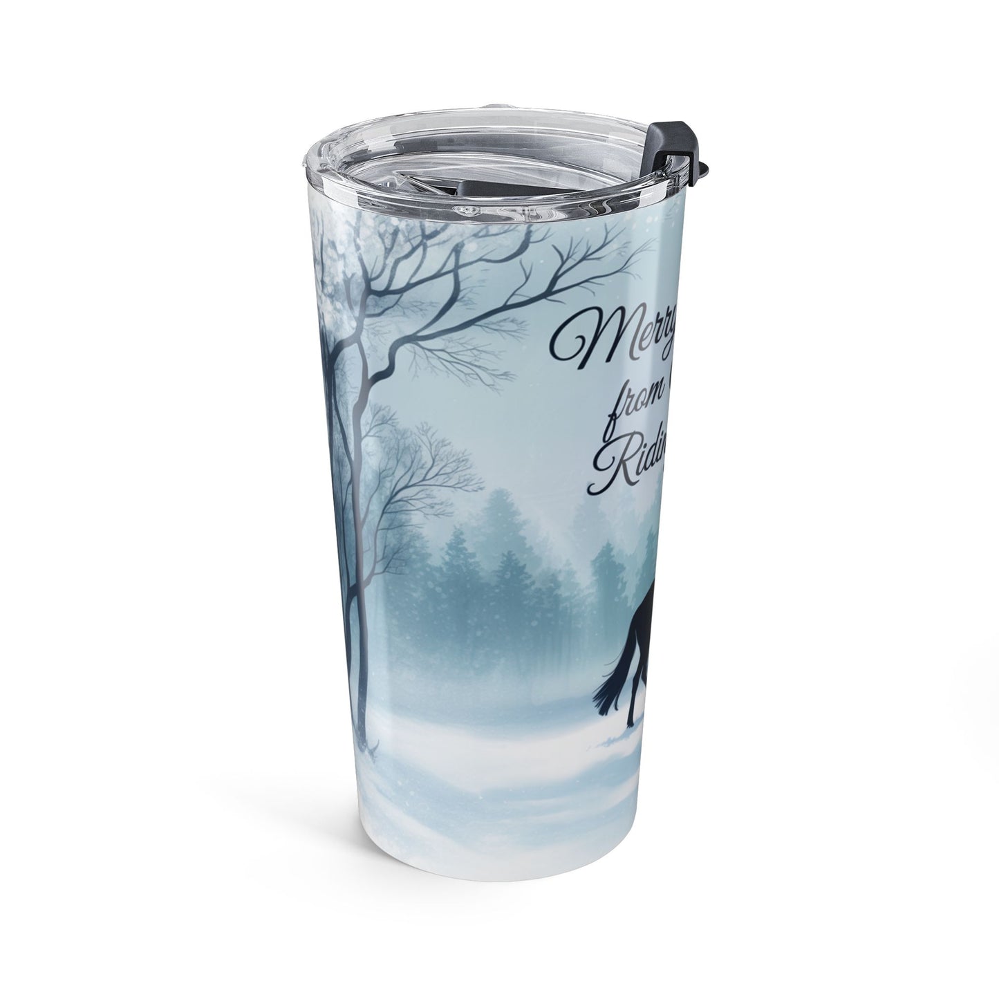 Merry Christmas from Cades Cove Riding Stables – Winter Horseback Holiday Scene Tumbler 20oz