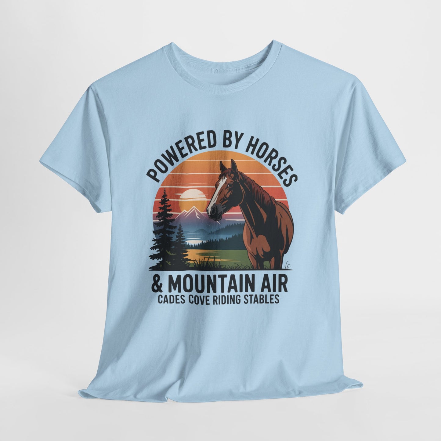 Powered By Horses and Mountain Air Cades Cove Riding Stables Shirt – Smoky Mountains Horse Tee