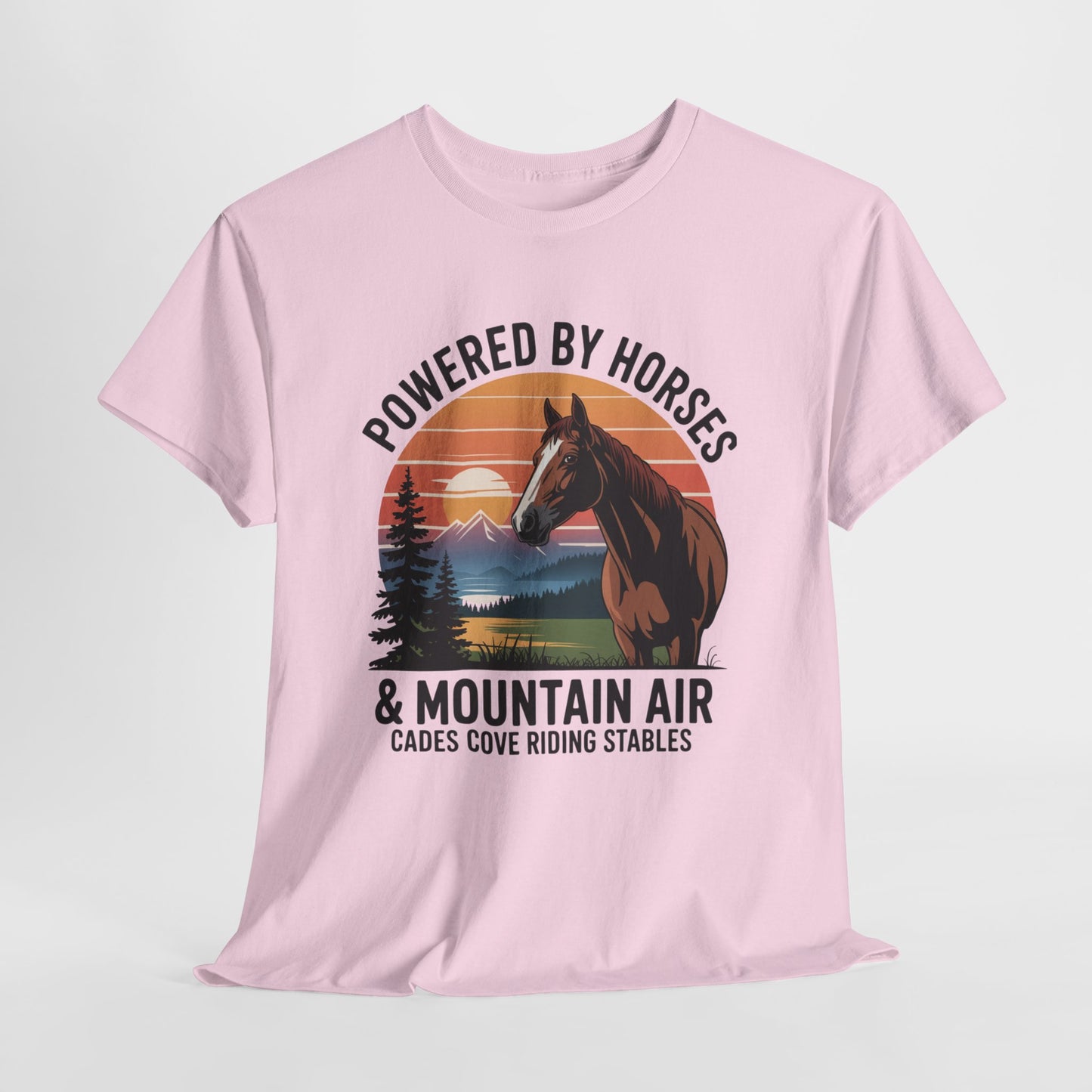 Powered By Horses and Mountain Air Cades Cove Riding Stables Shirt – Smoky Mountains Horse Tee